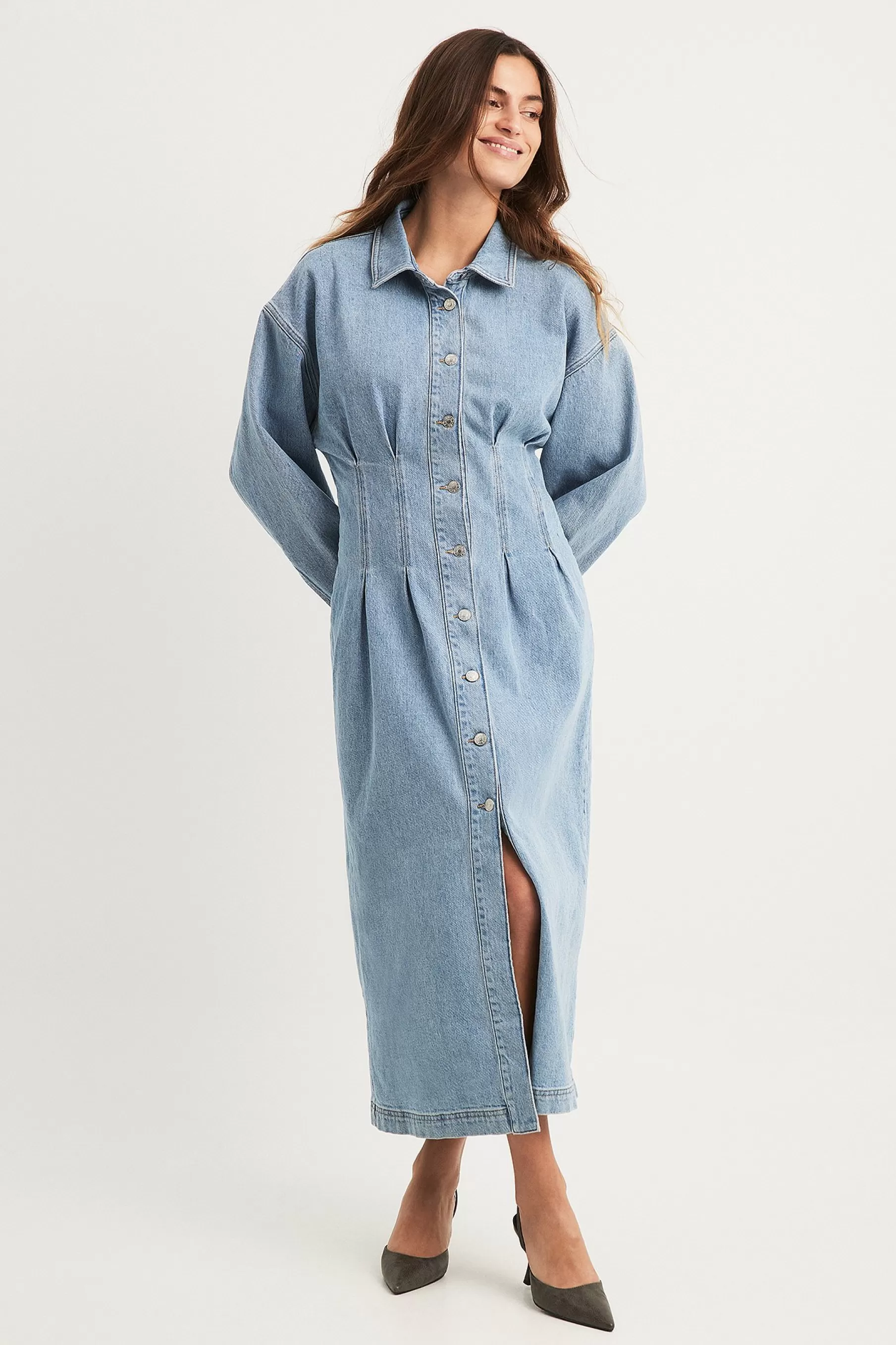 NA-KD Marked Waist Denim Maxi Dress Blue