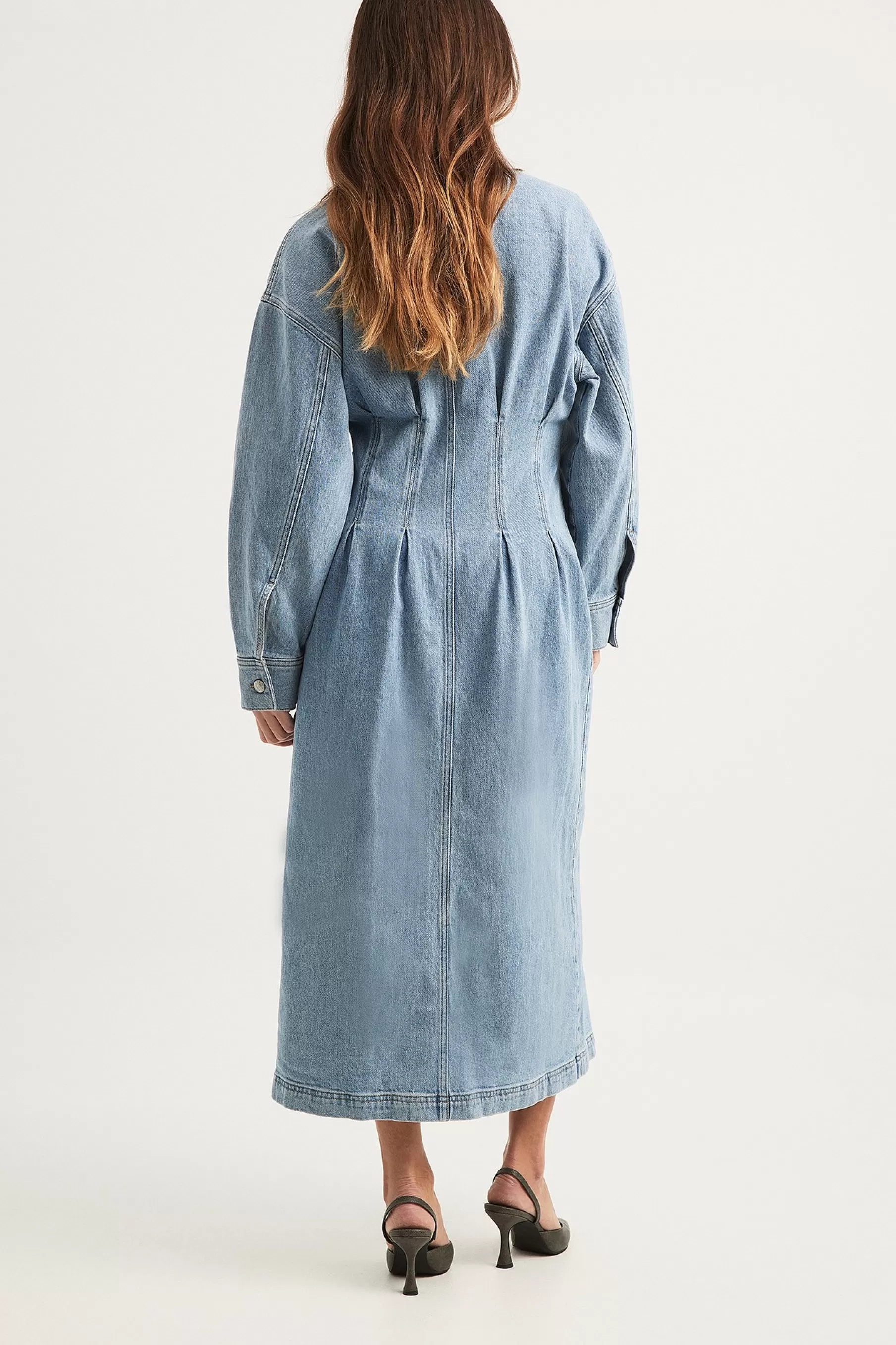 NA-KD Marked Waist Denim Maxi Dress Blue