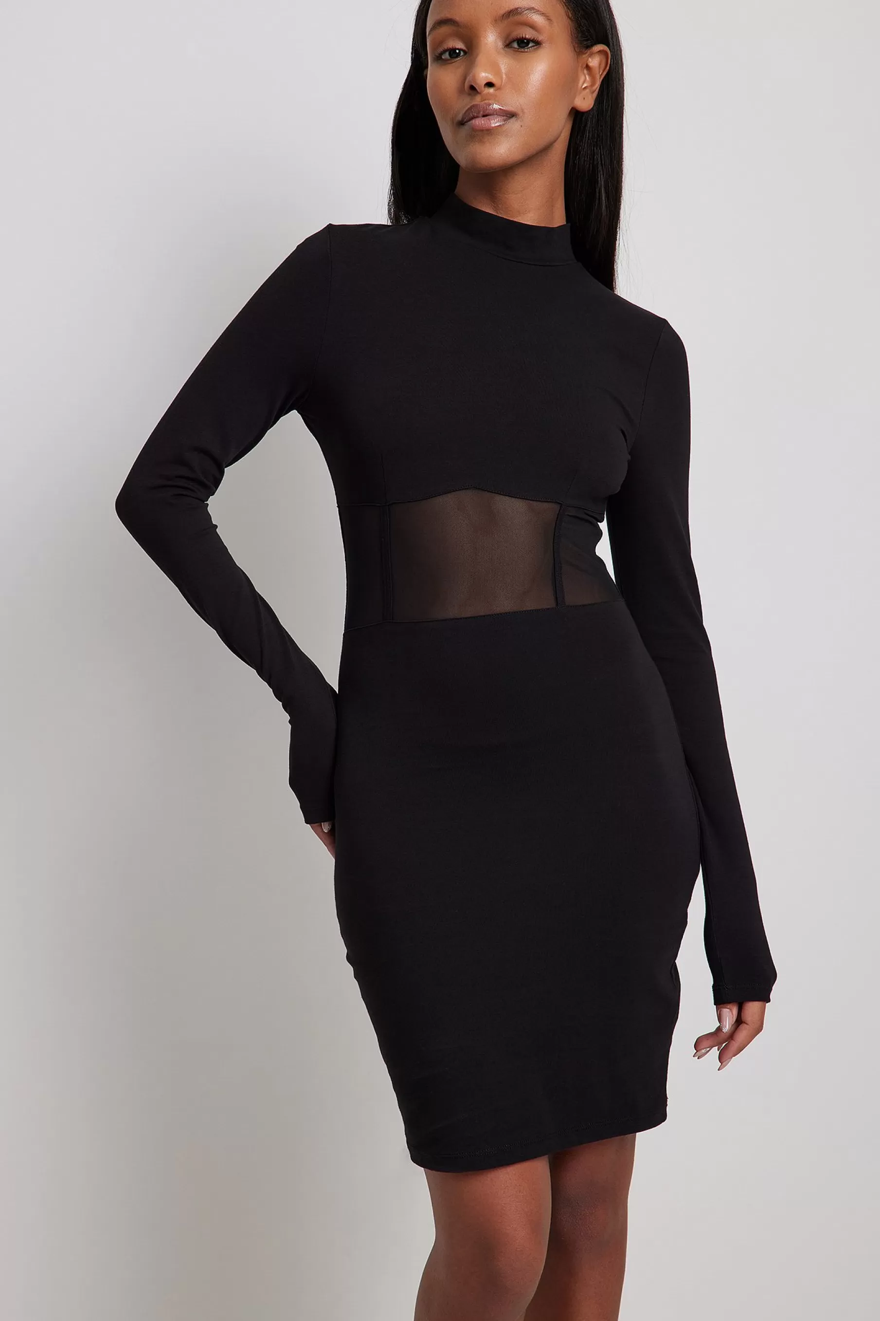 NA-KD Mesh Detail Long Sleeve Mini Dress Black