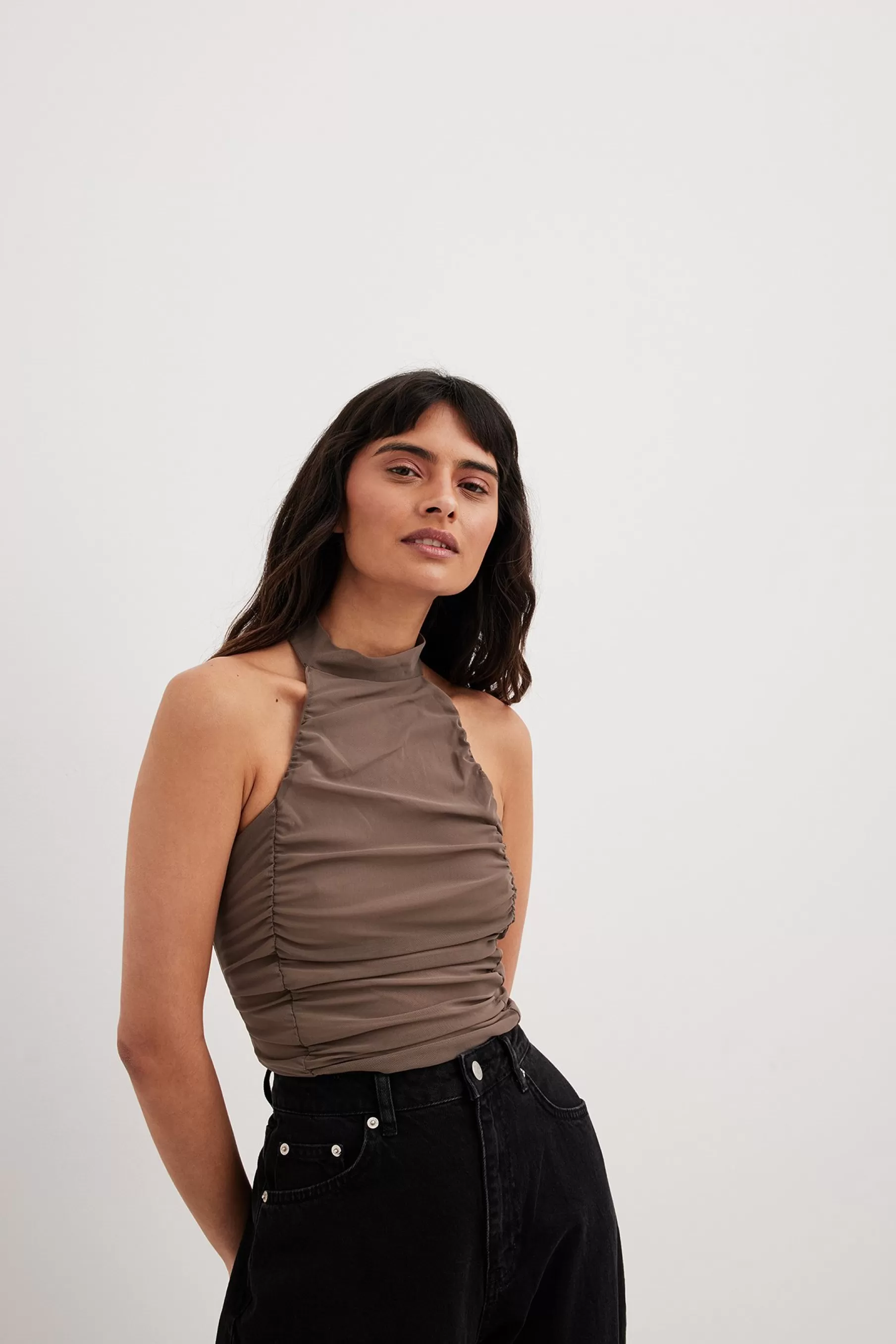 NA-KD Mesh High Neck Crop Top Brown