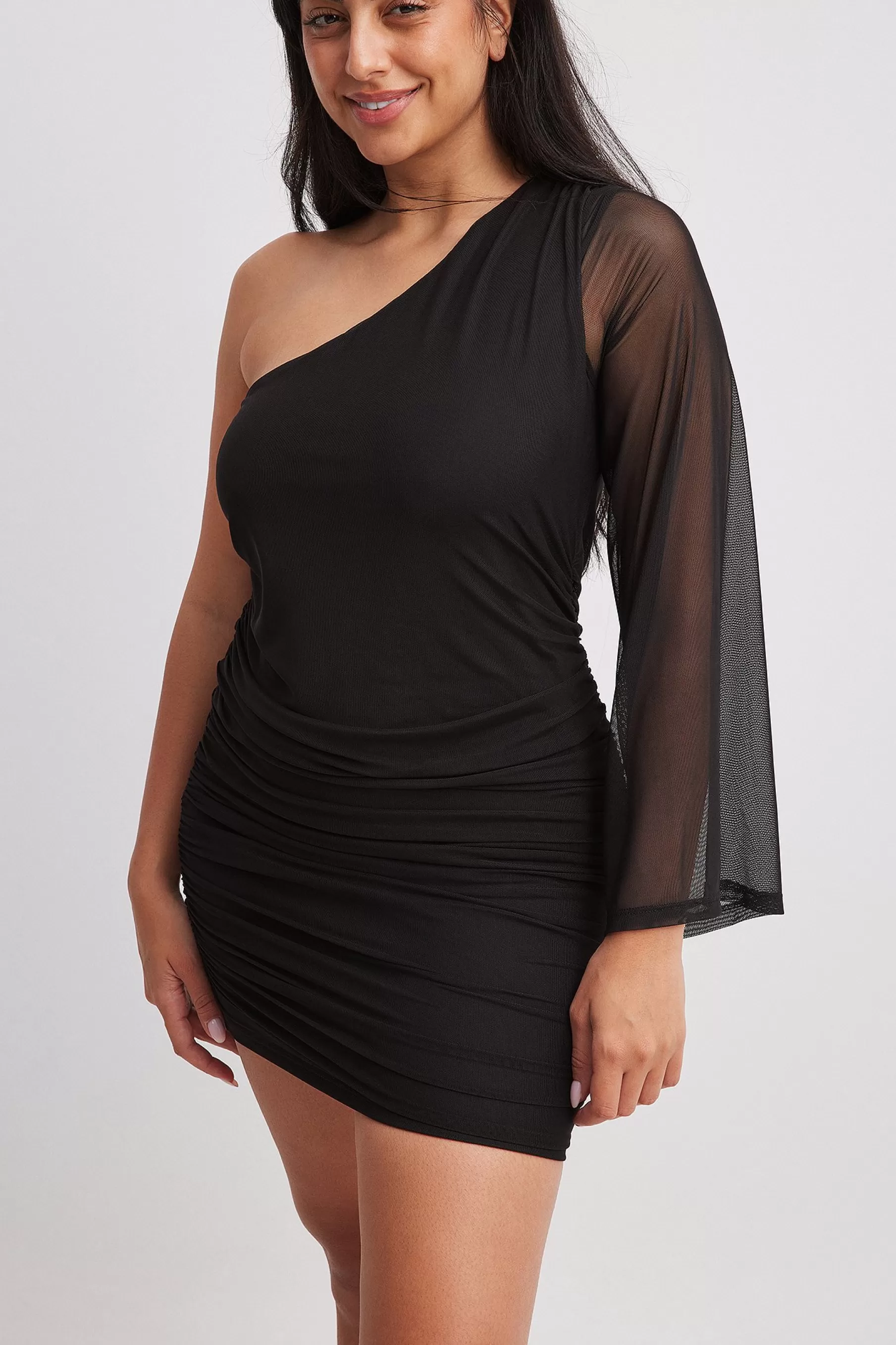 NA-KD Mesh One Shoulder Mini Dress Black