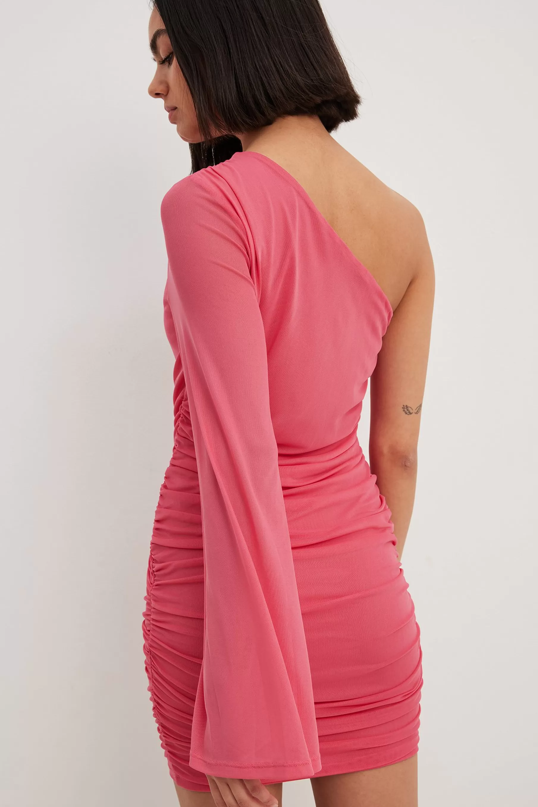 NA-KD Mesh One Shoulder Mini Dress Pink