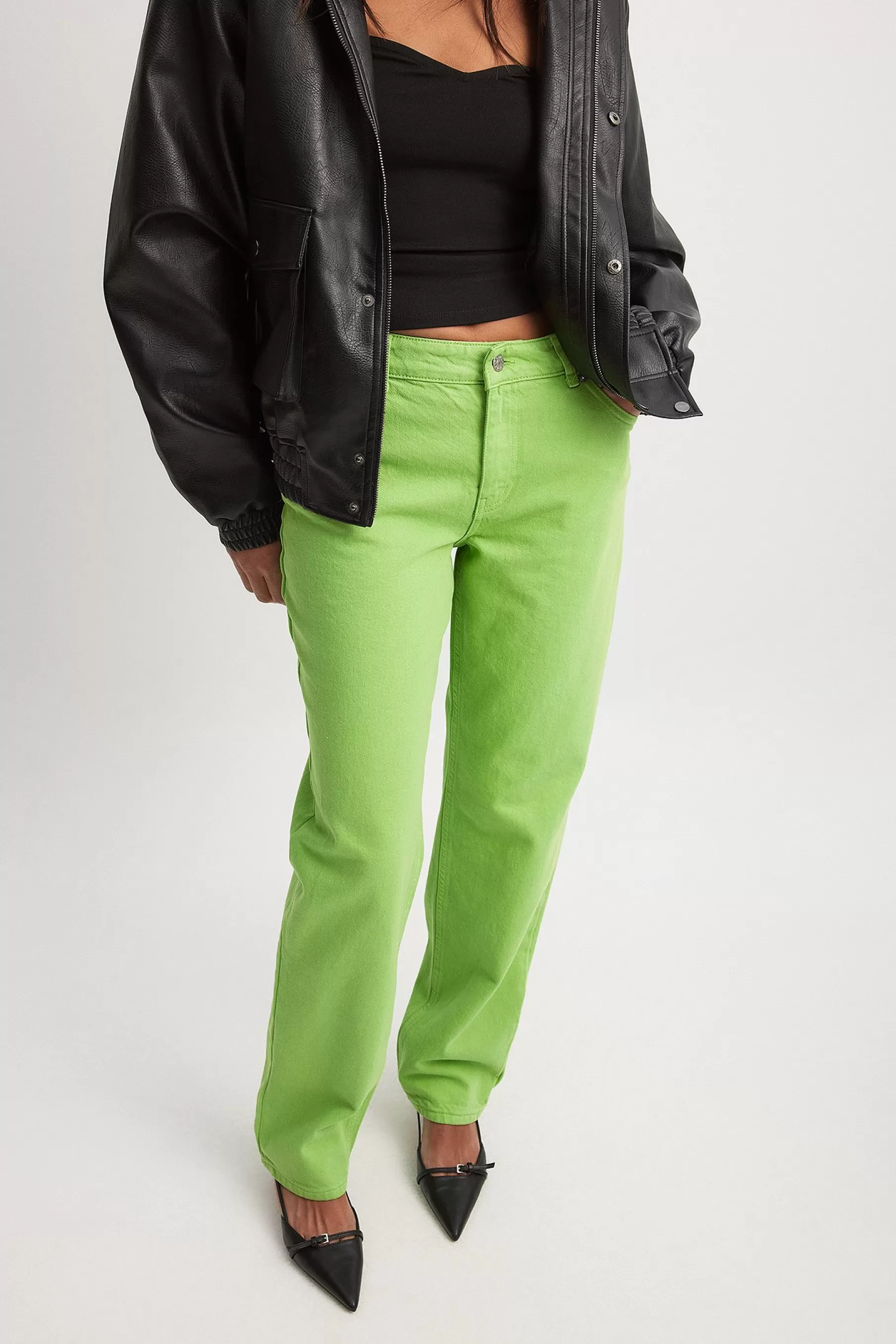 NA-KD Mid Rise Straight Jeans Green