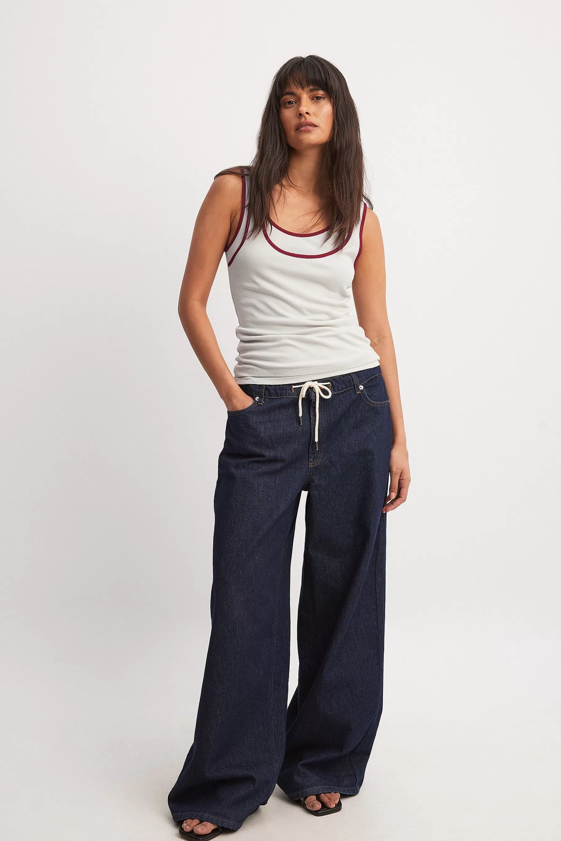 NA-KD Mid Waist Drawstring Detail Jeans Blue