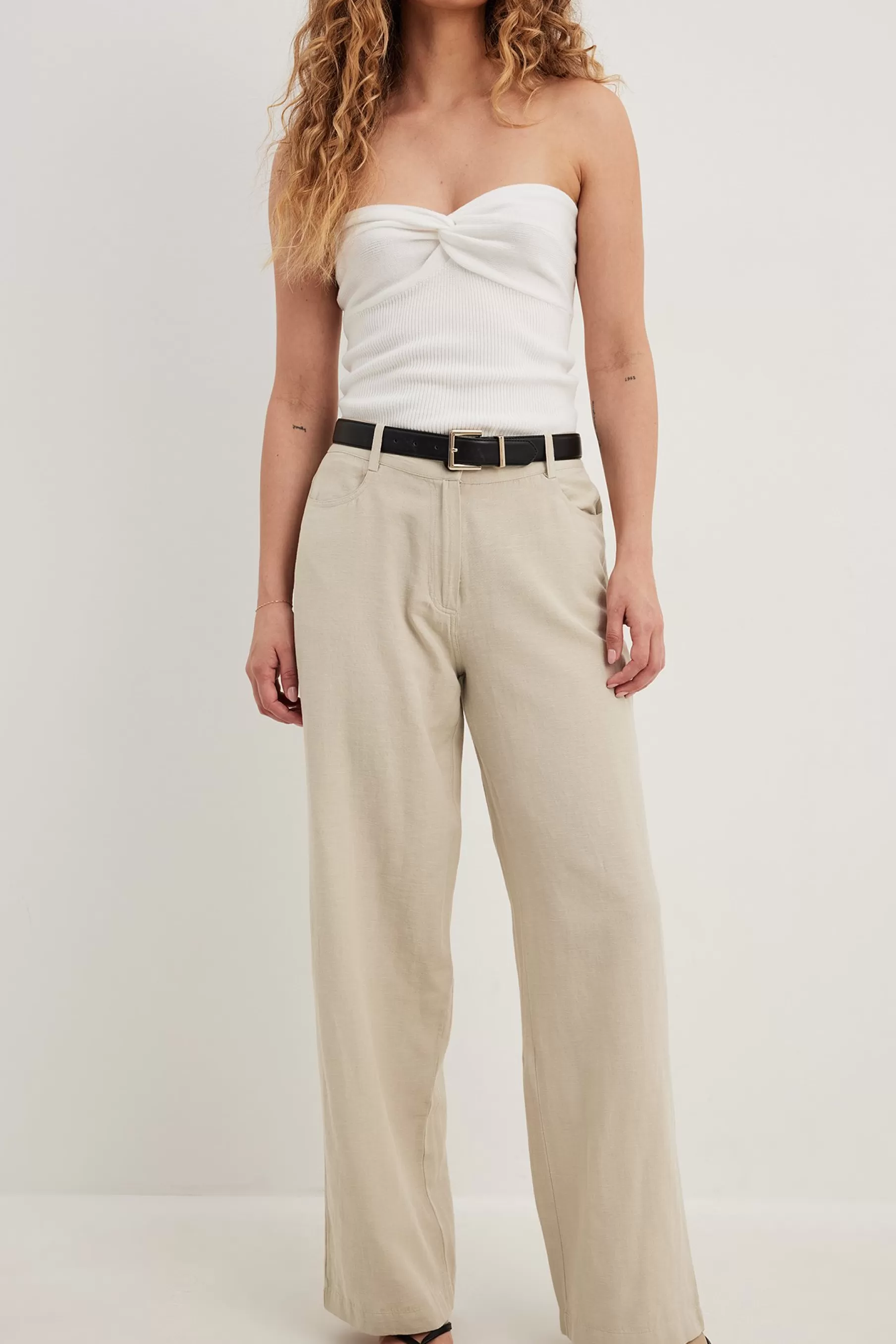 NA-KD Mid Waist Linen Mix Pants Beige