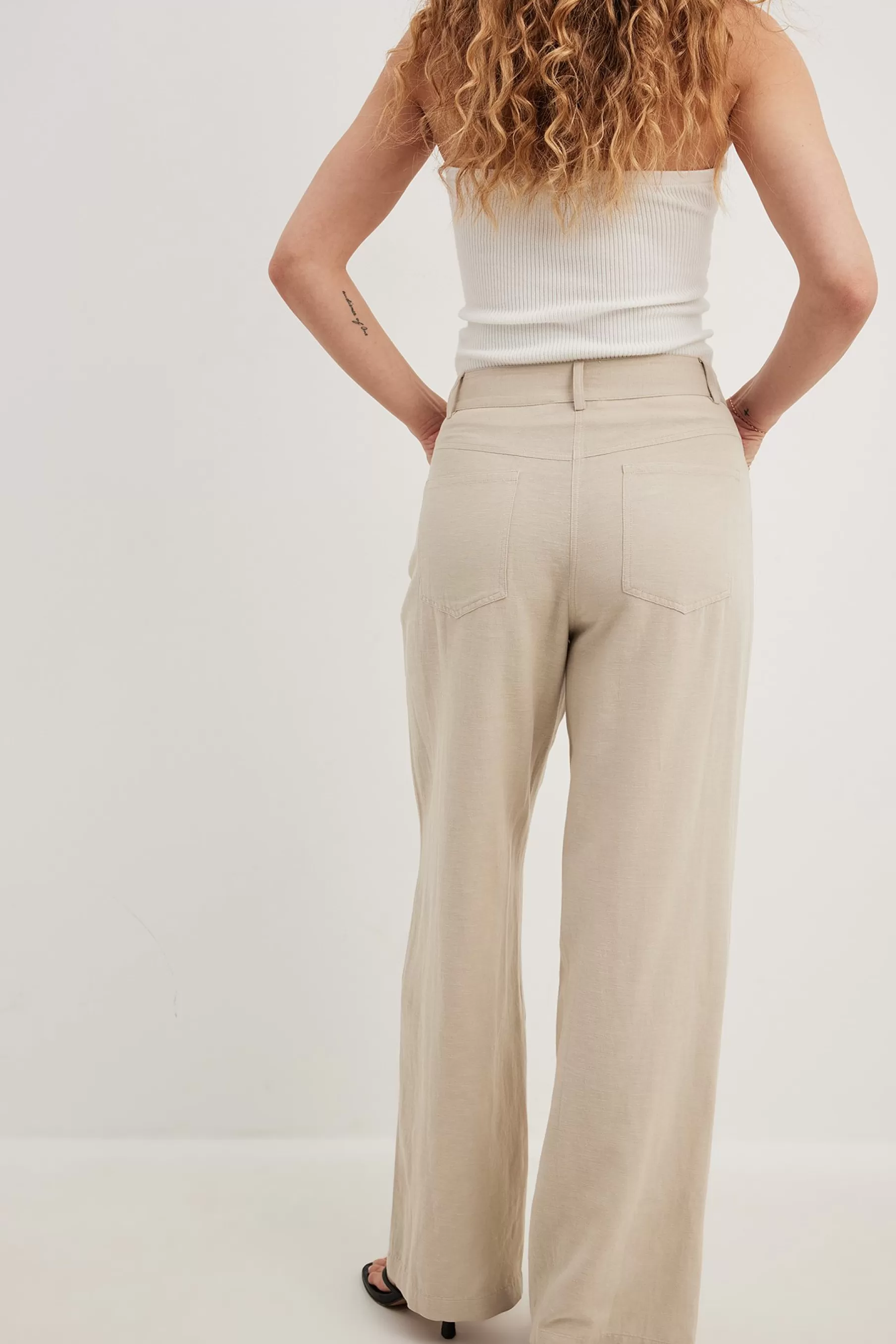 NA-KD Mid Waist Linen Mix Pants Beige