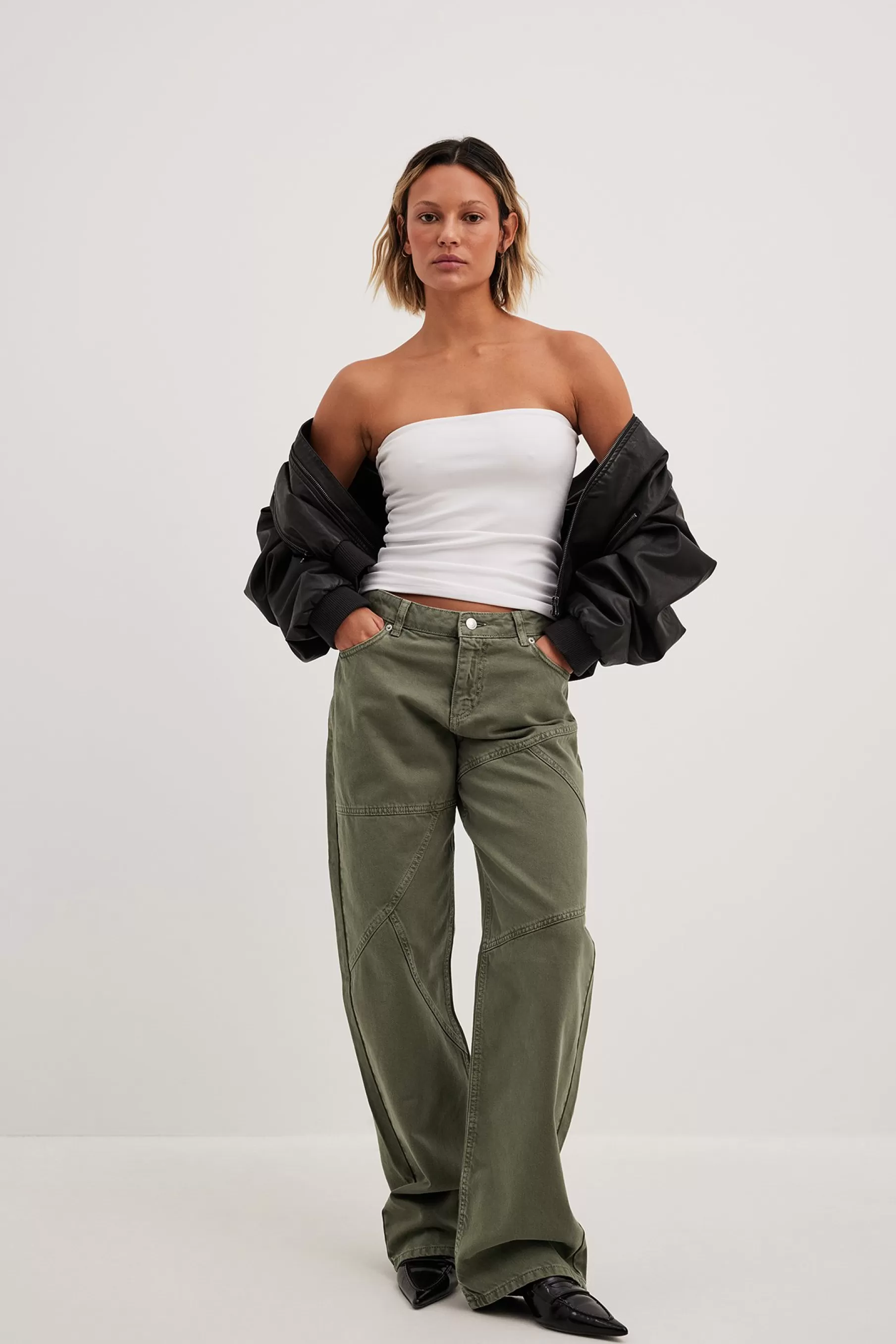 NA-KD Mid Waist Loose Jeans With Seam Details Green