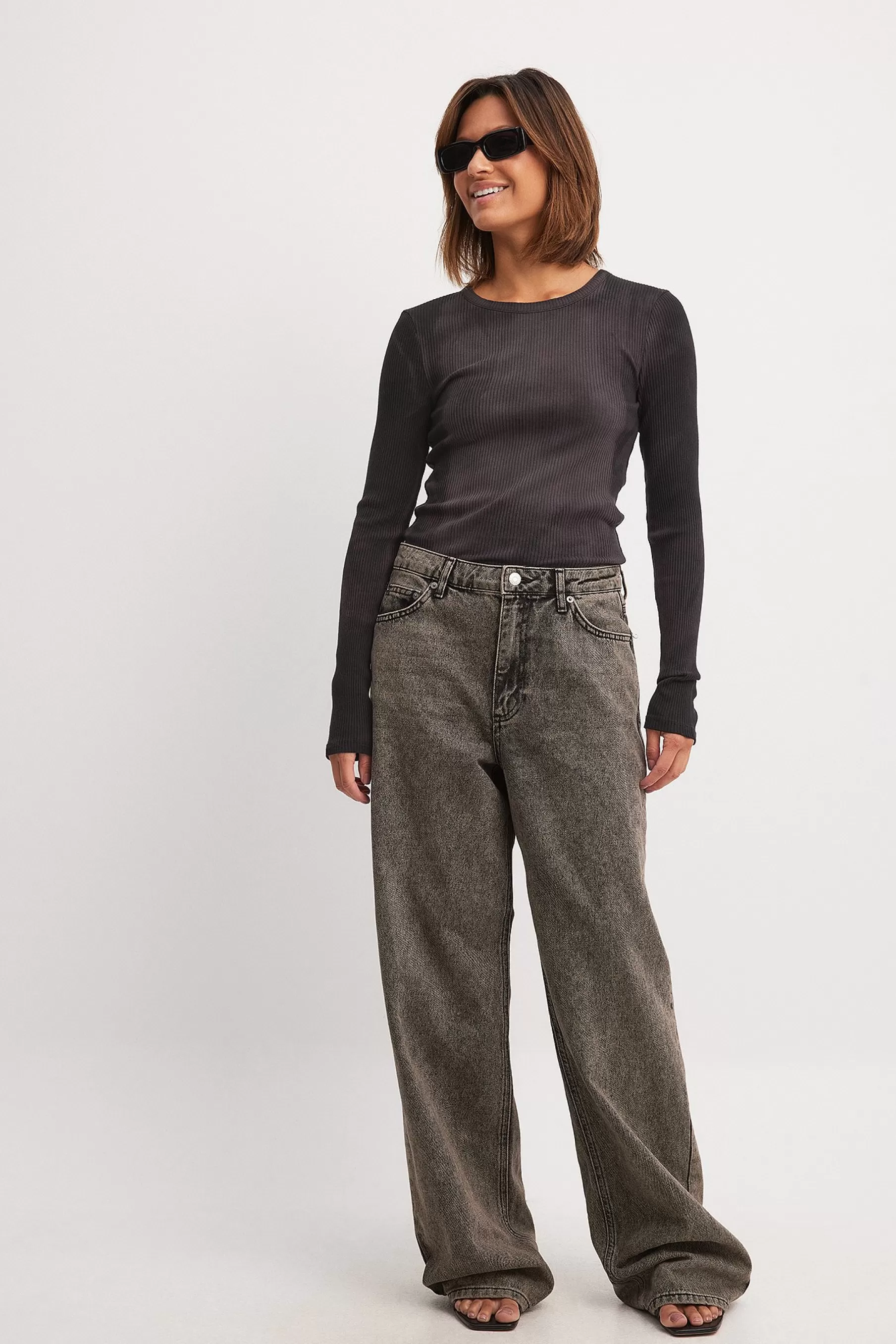 NA-KD Mid Waist Loose Long Jeans Grey