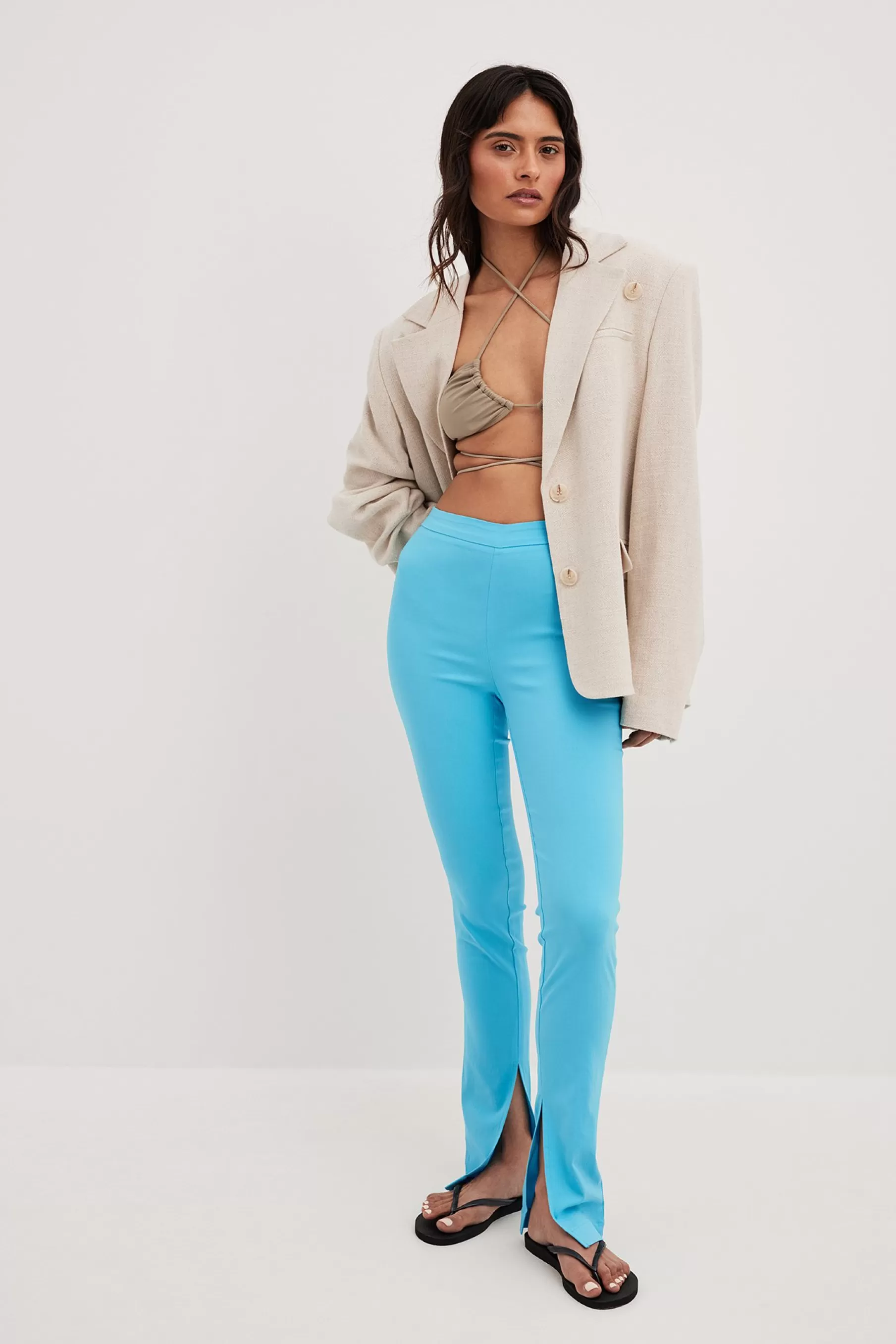 NA-KD Mid Waist Slit Trousers Blue