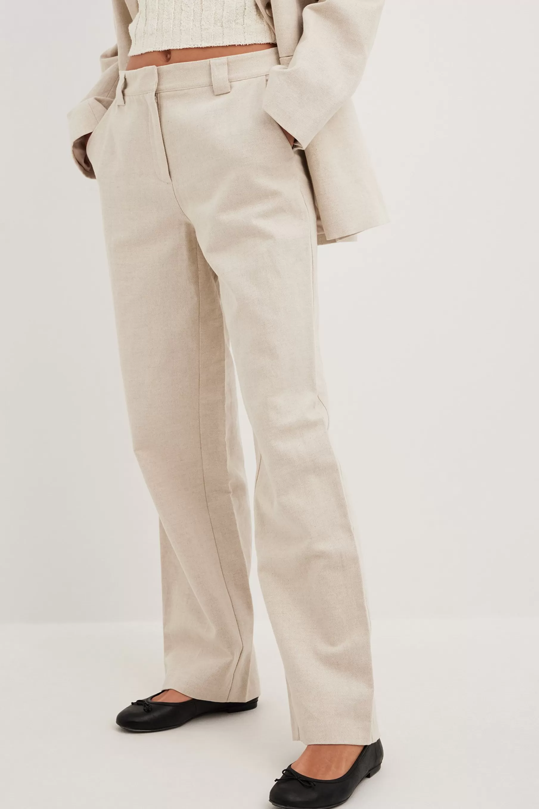 NA-KD Mid Waist Tailored Linen Suit Pants Beige