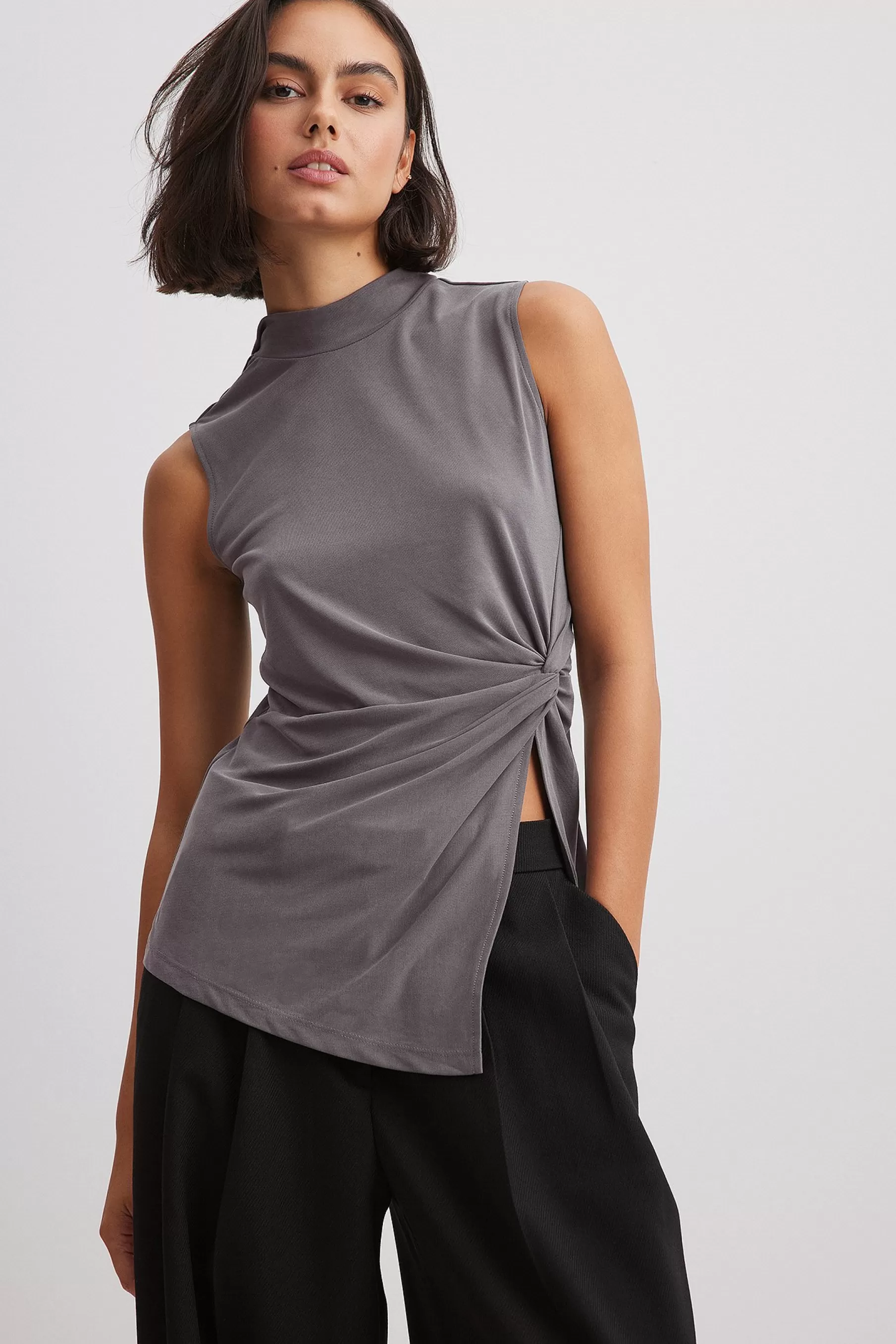 NA-KD Modal High Neck Side Slit Top Grey