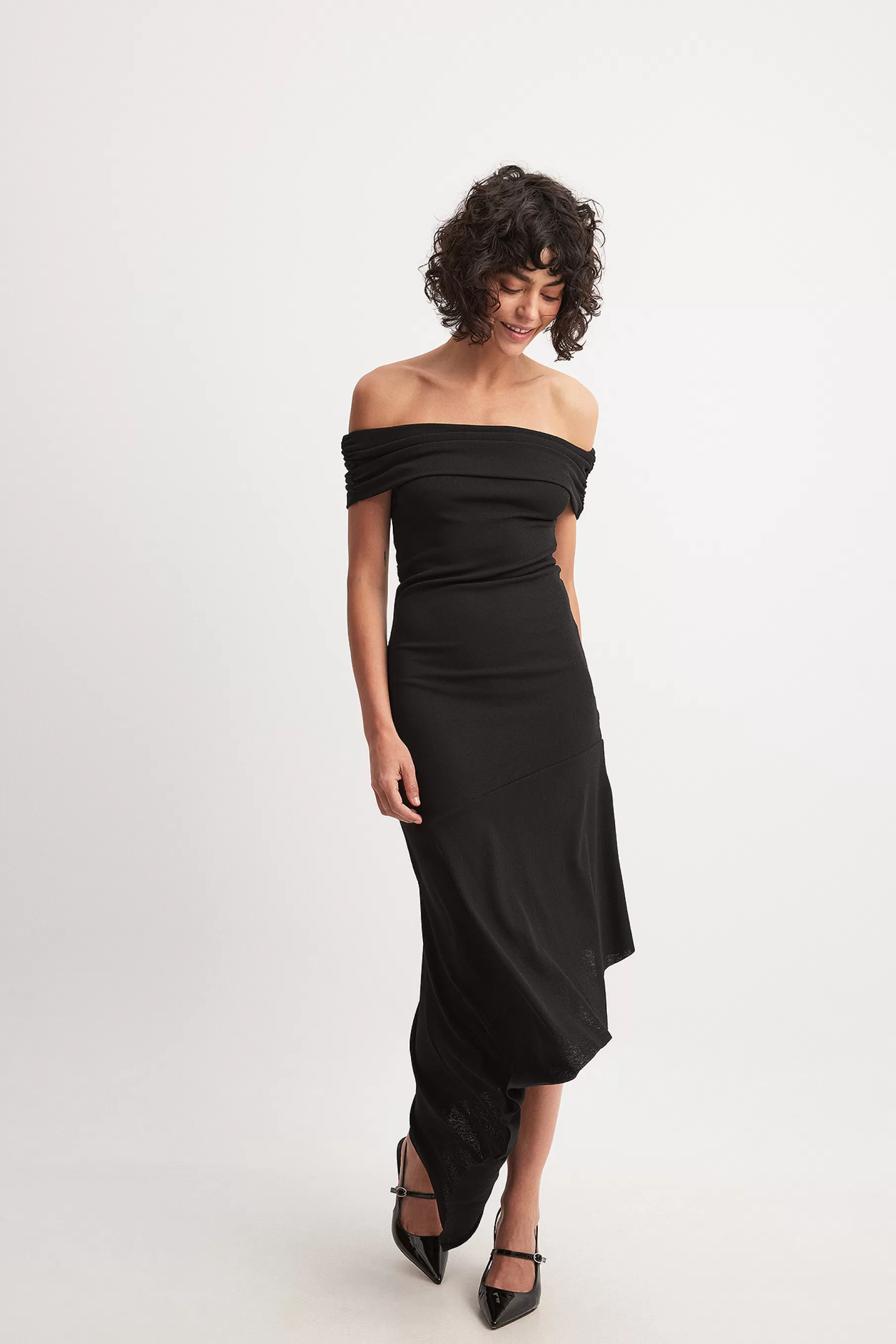 NA-KD Off Shoulder Flounce Midi Dress Black