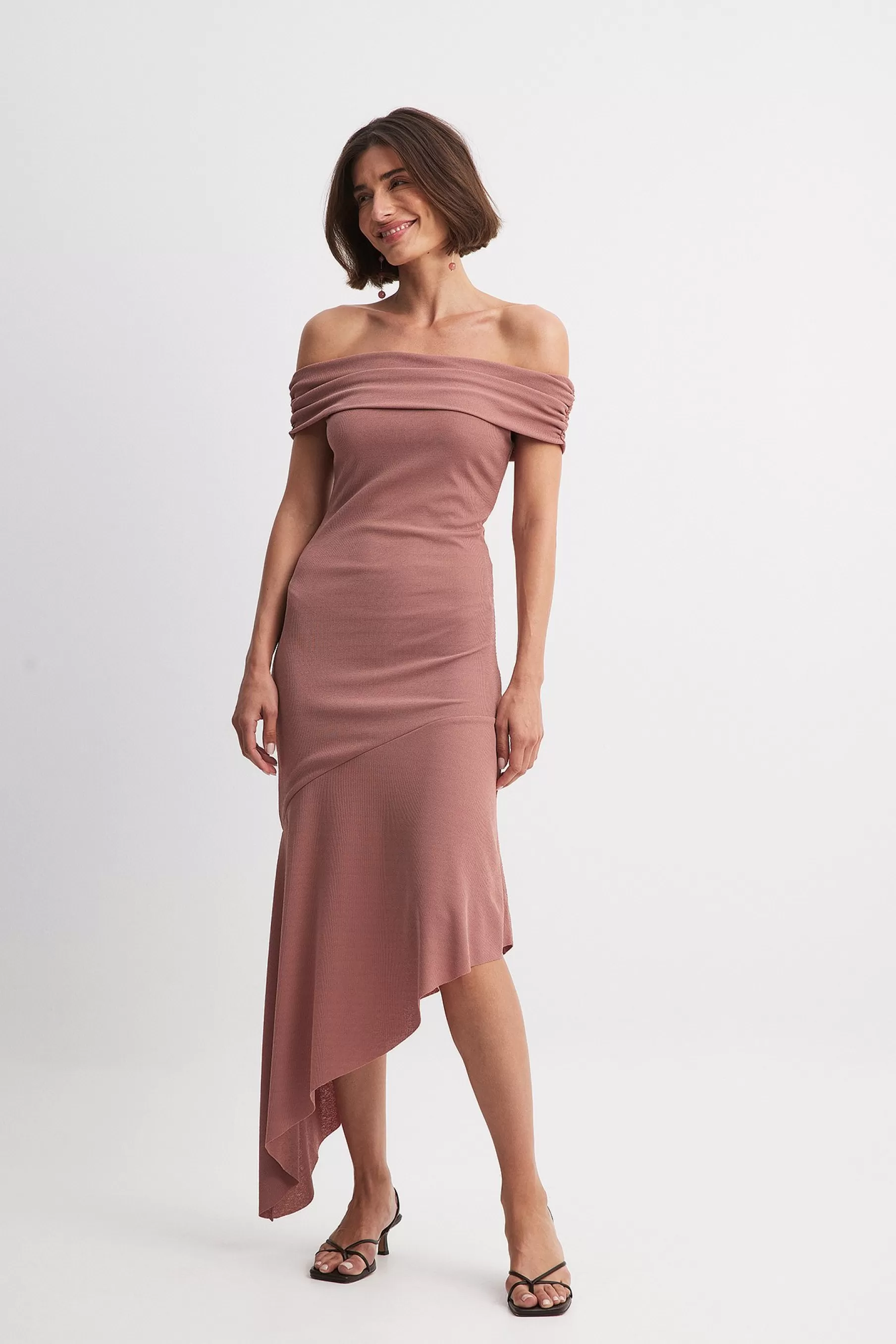 NA-KD Off Shoulder Flounce Midi Dress Pink