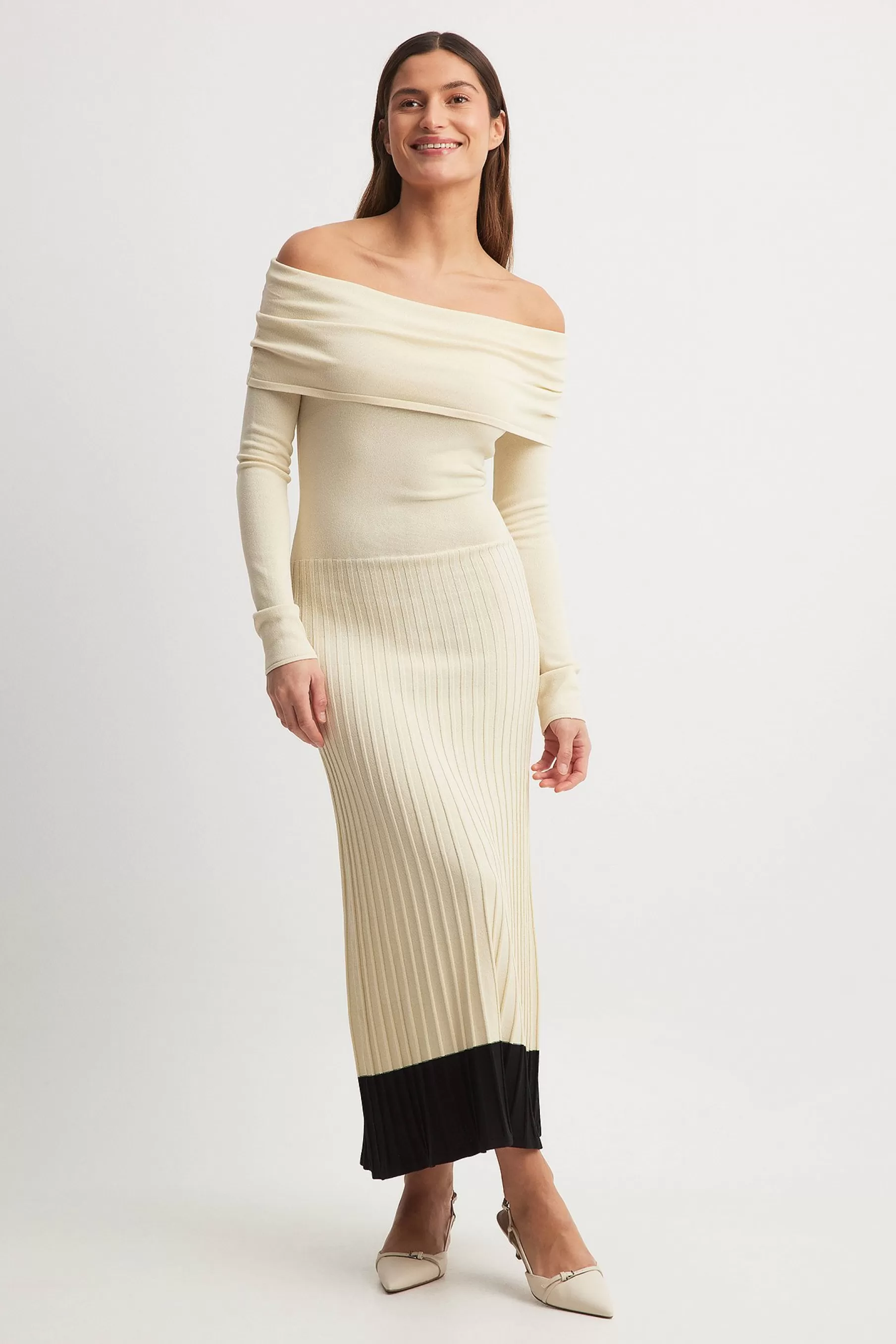 NA-KD Off Shoulder Knitted Maxi Dress Beige