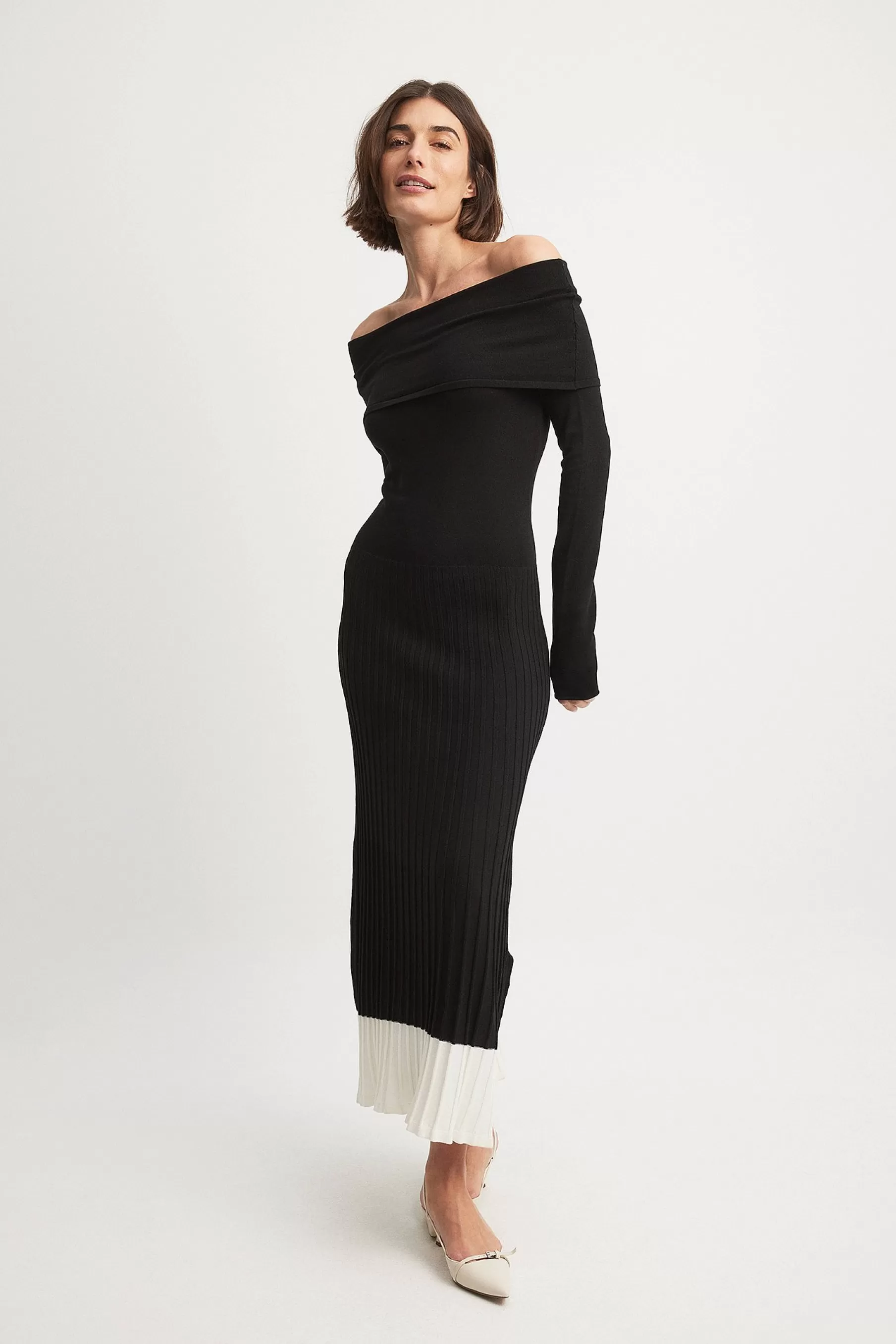 NA-KD Off Shoulder Knitted Maxi Dress Black