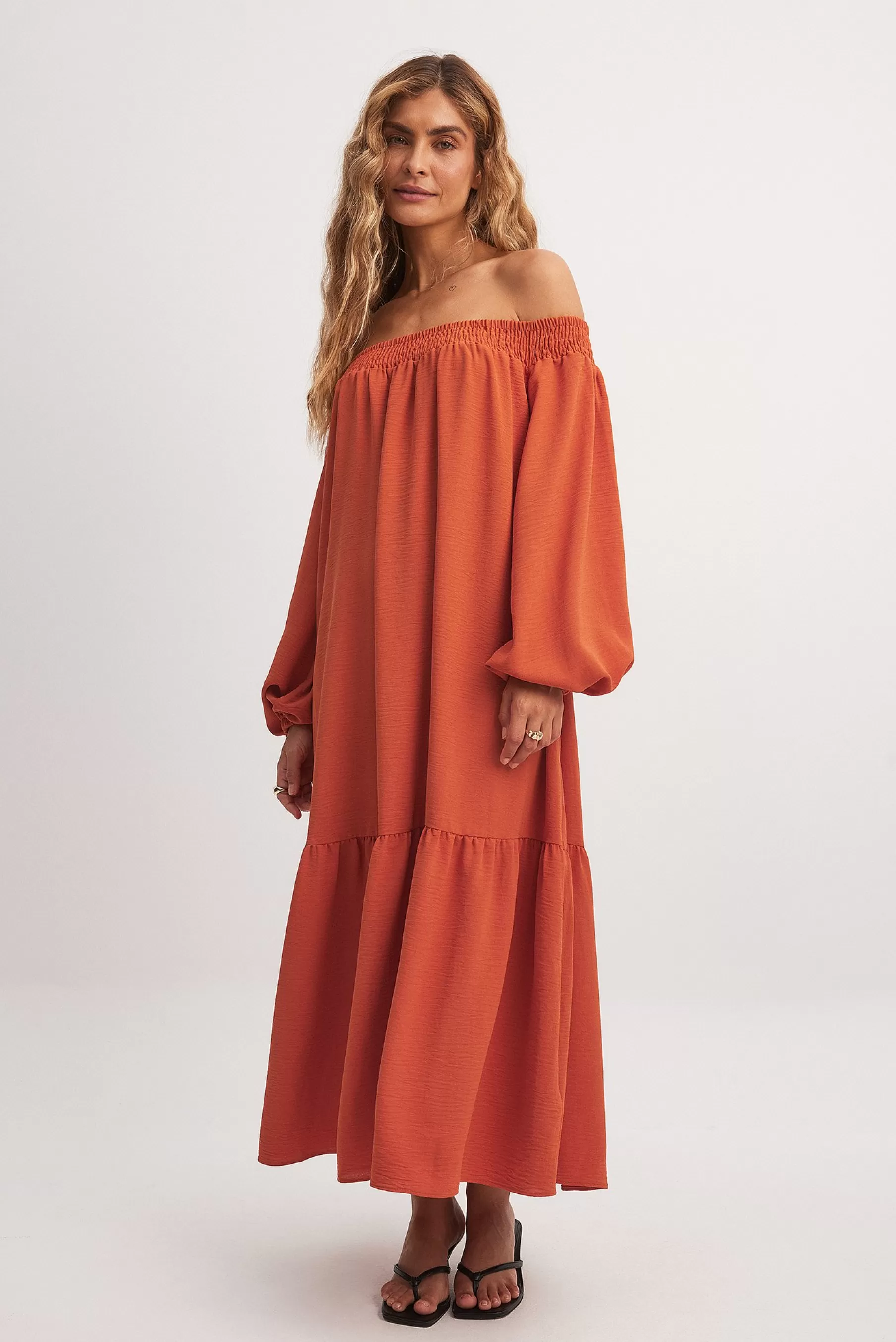 NA-KD Off Shoulder Long Sleeve Midi Dress Orange