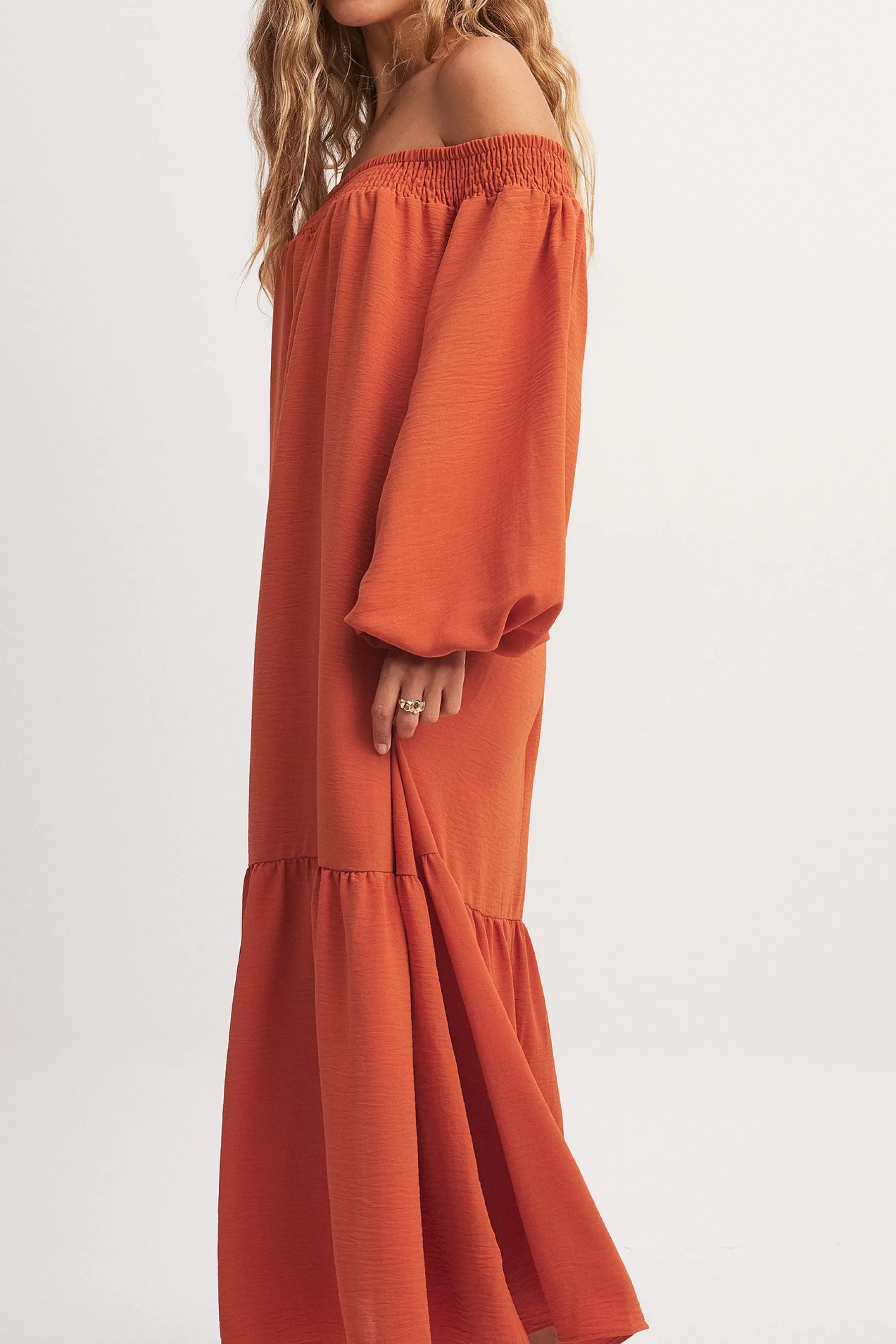 NA-KD Off Shoulder Long Sleeve Midi Dress Orange