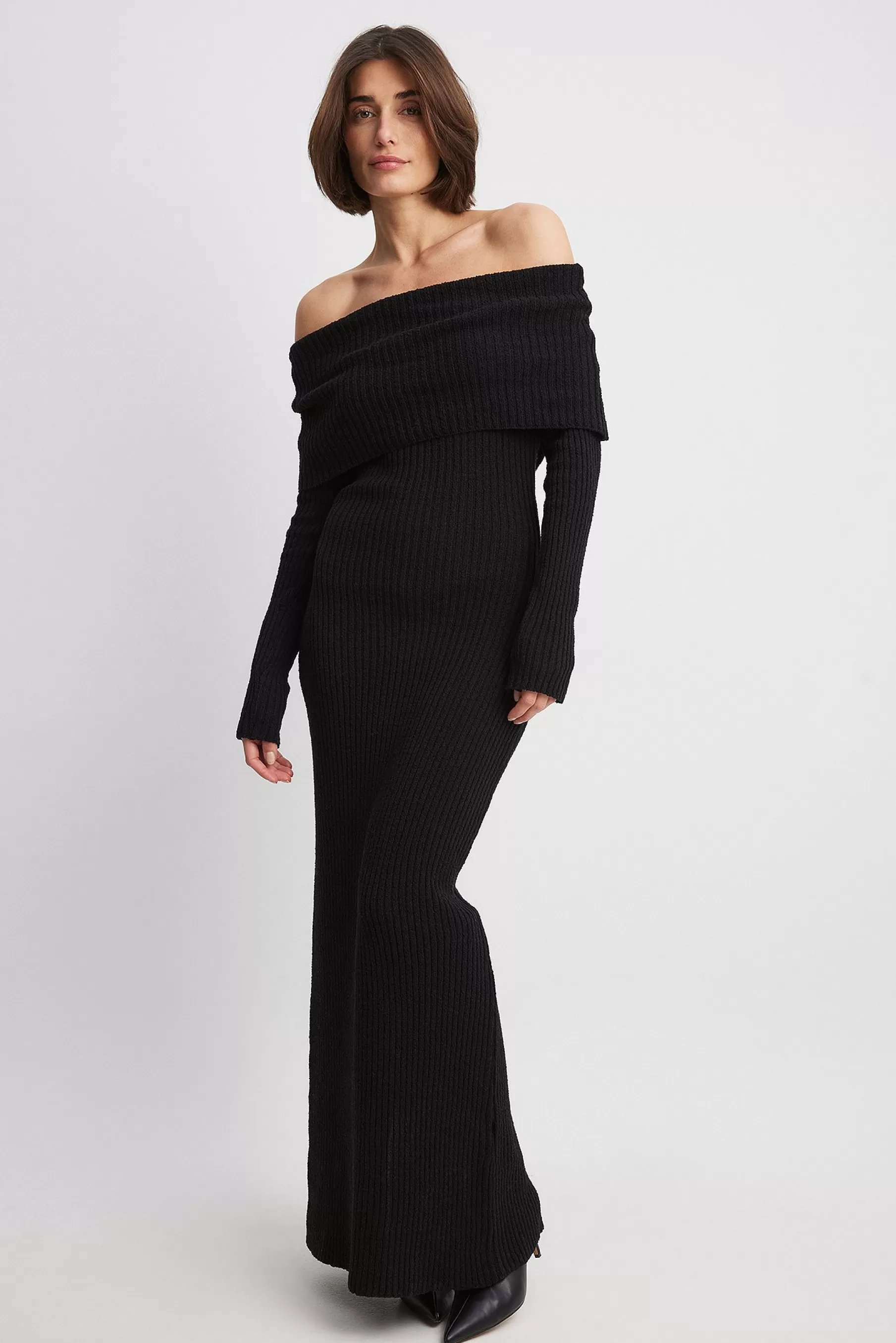 NA-KD Off Shoulder Open Back Dress Black