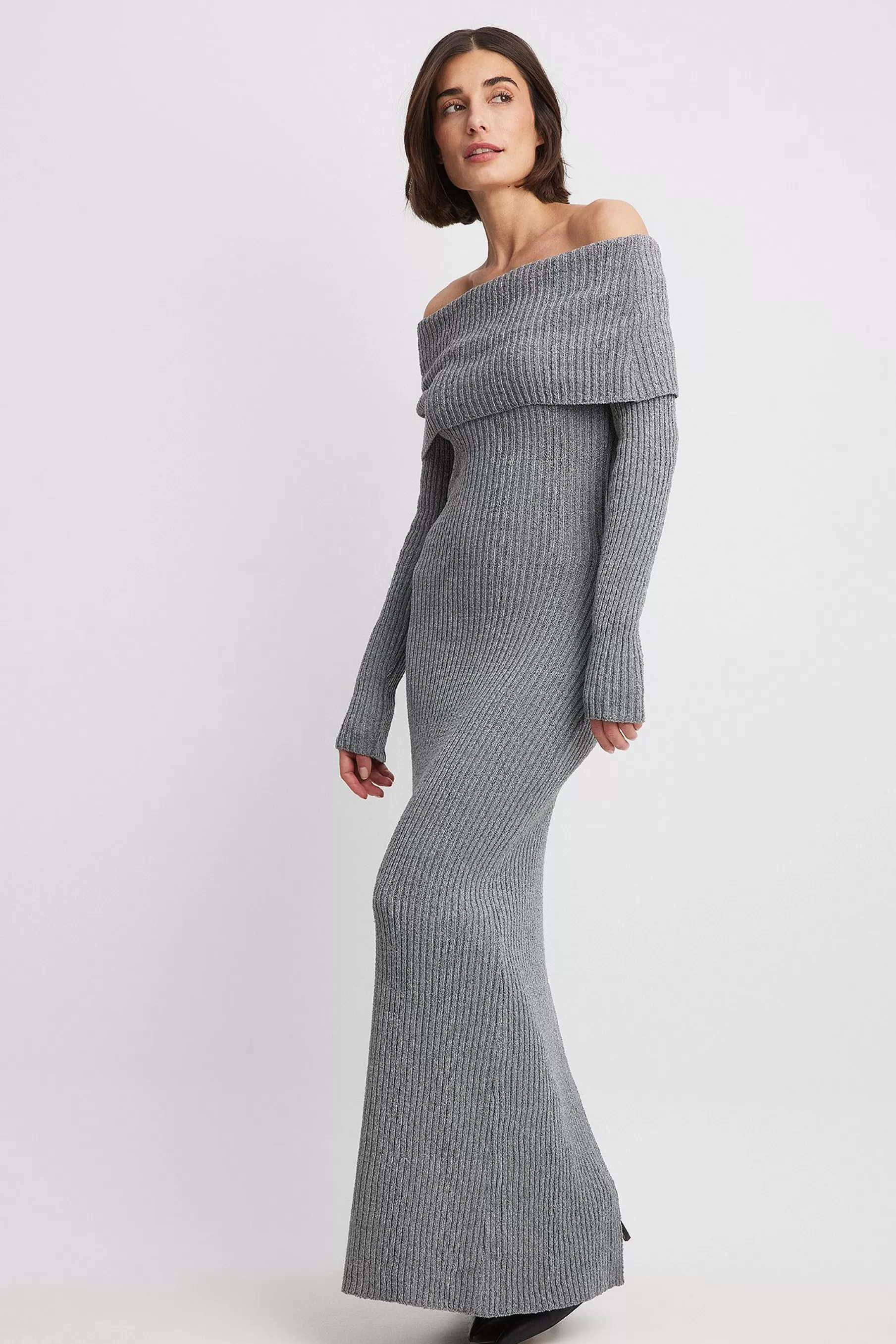 NA-KD Off Shoulder Open Back Dress Grey