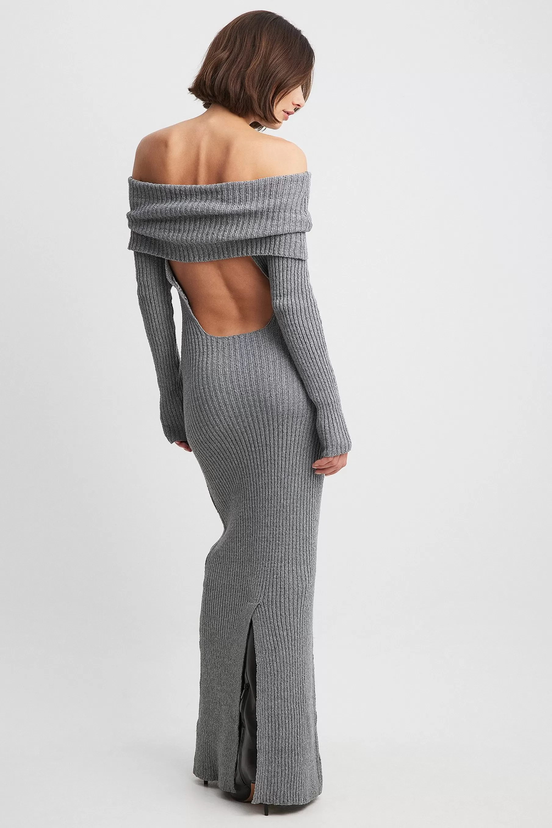 NA-KD Off Shoulder Open Back Dress Grey