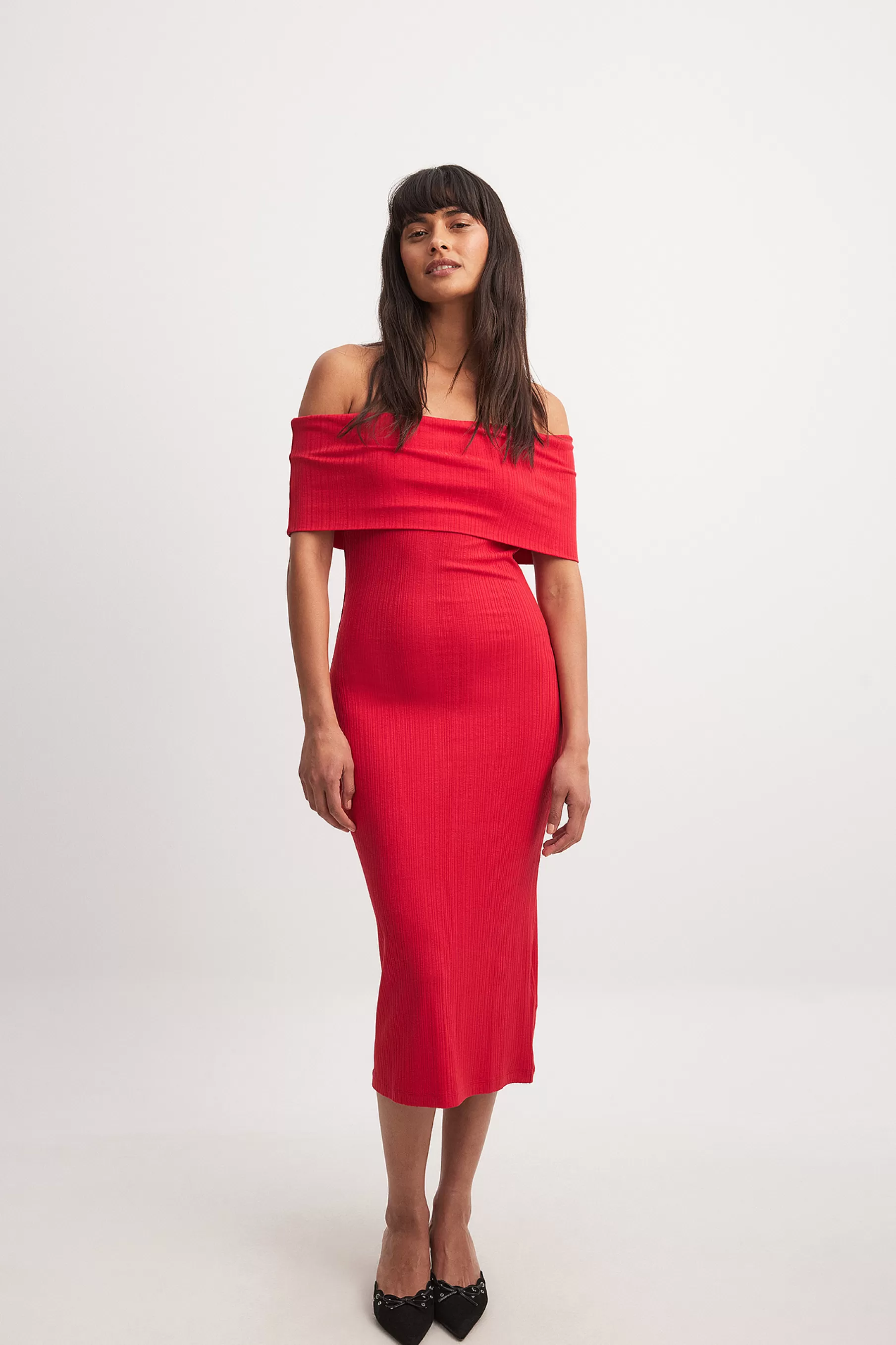 NA-KD Off Shoulder Rib Midi Dress Red