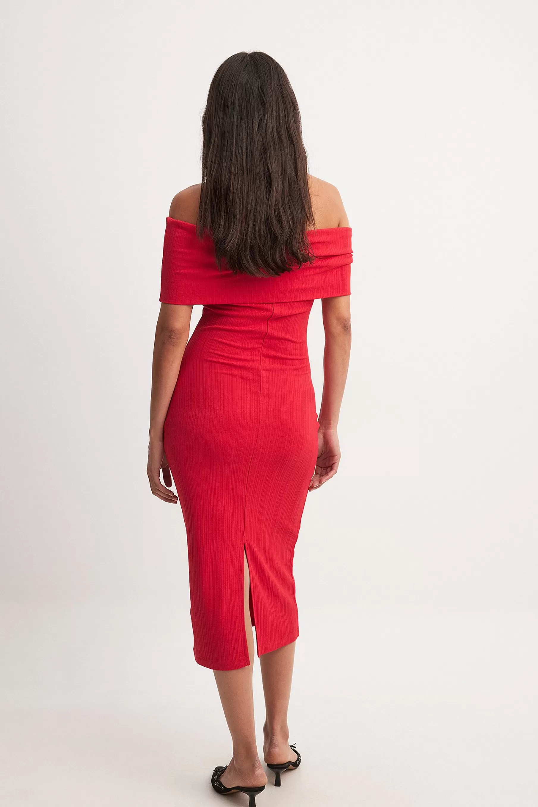 NA-KD Off Shoulder Rib Midi Dress Red