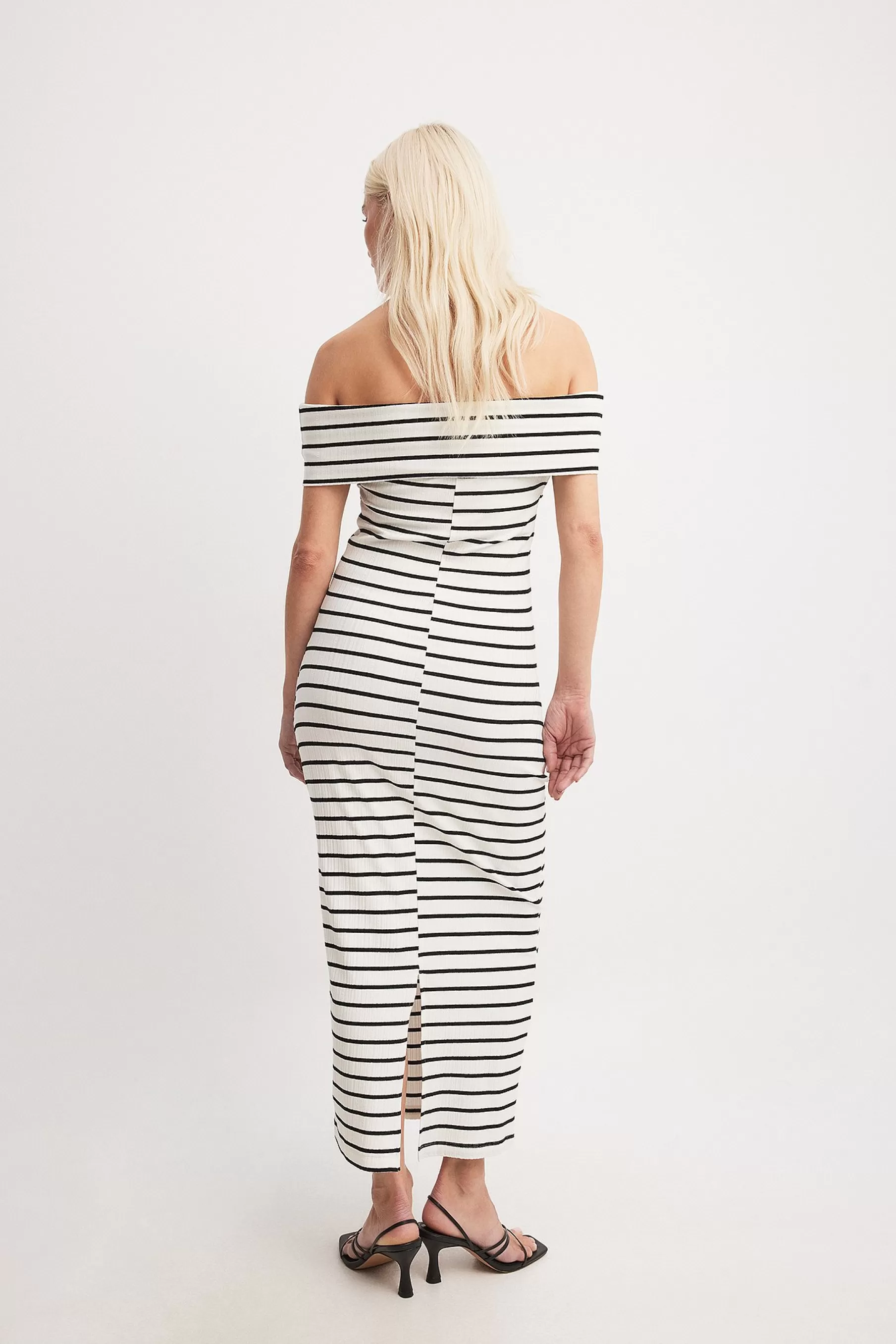 NA-KD Off Shoulder Rib Midi Dress Stripe