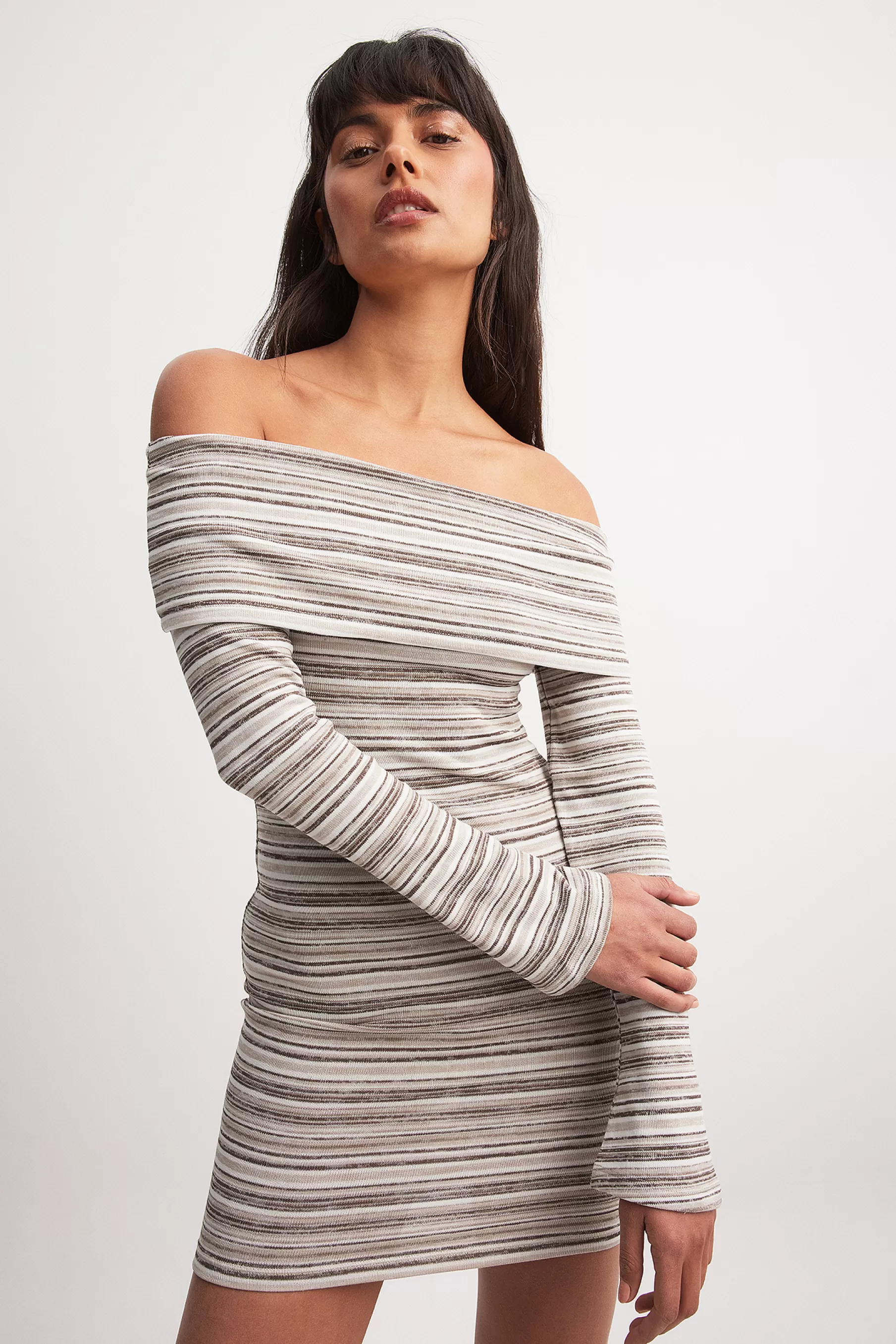 NA-KD Off Shoulder Striped Mini Dress Beige