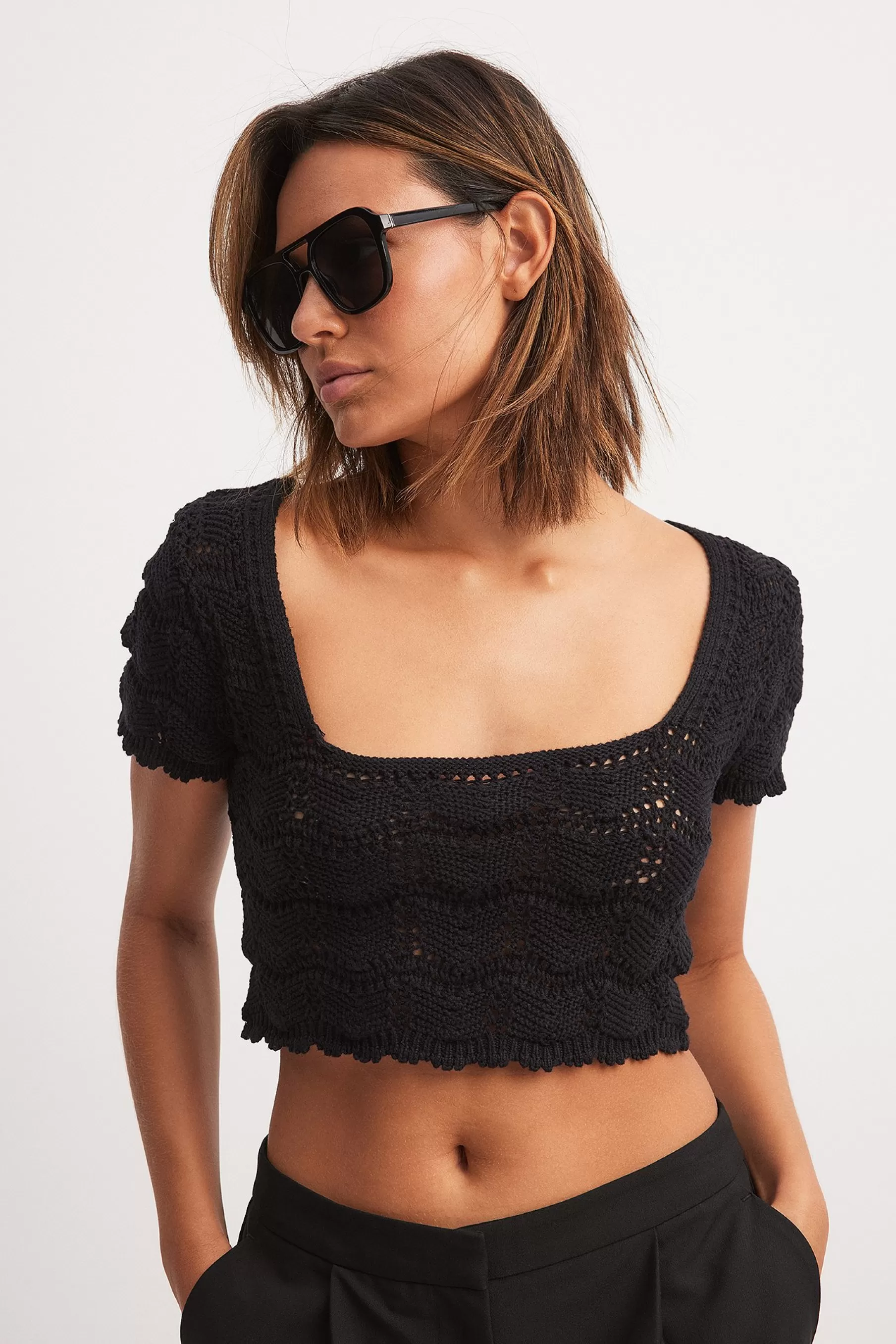 NA-KD Offshoulder Crochet Knitted Top Black