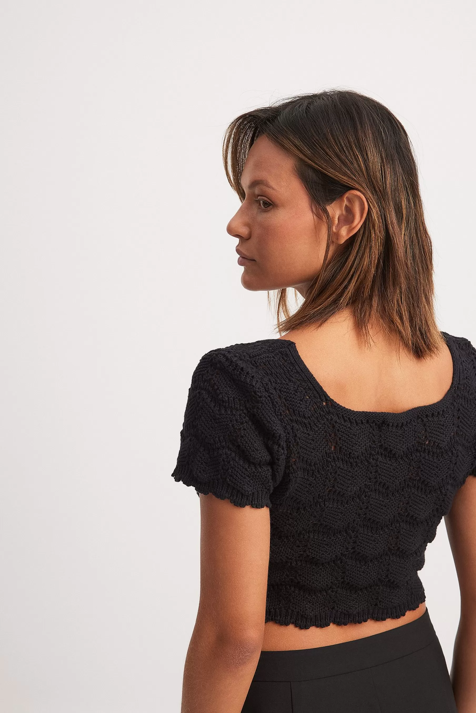 NA-KD Offshoulder Crochet Knitted Top Black