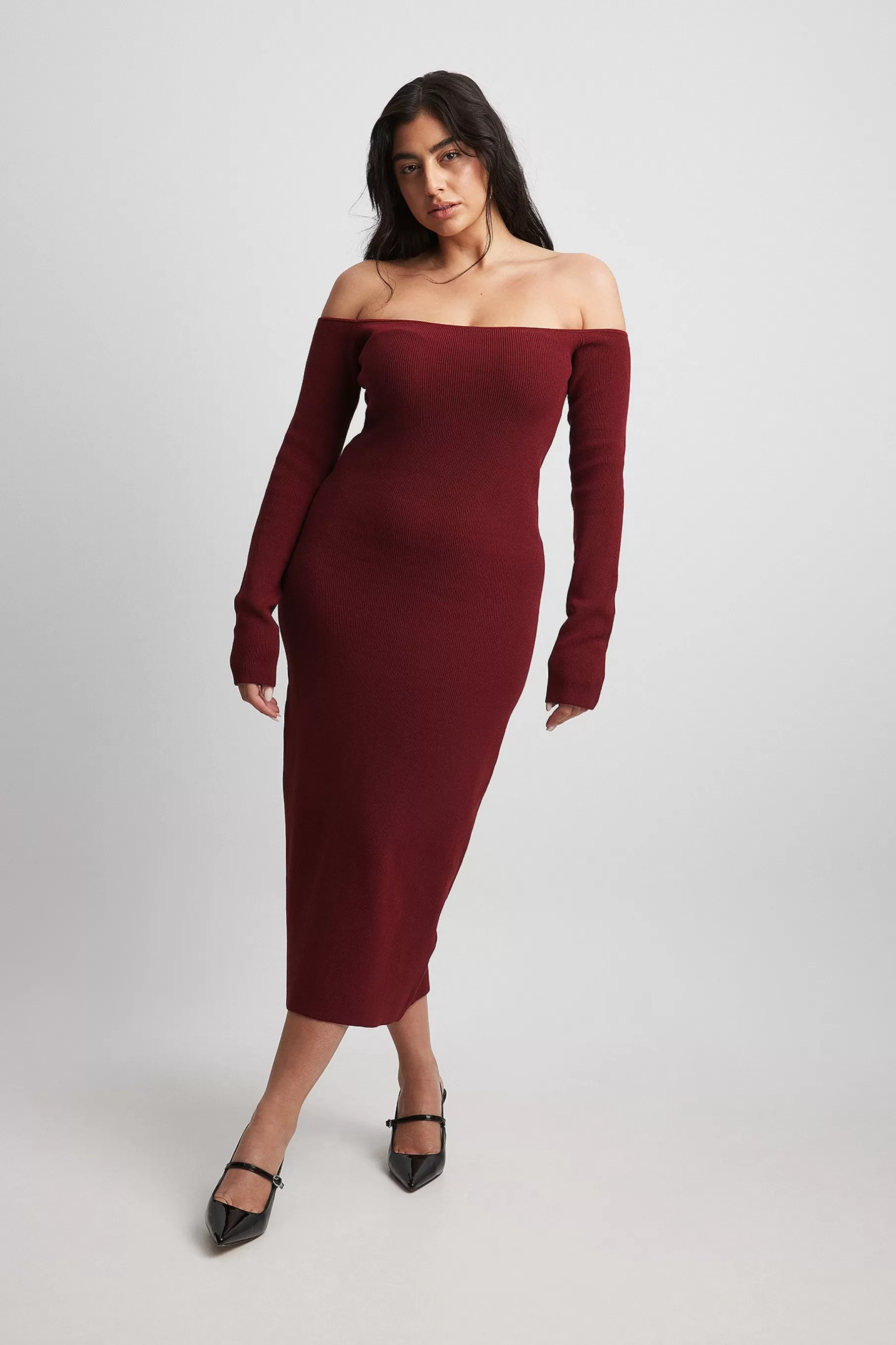 NA-KD Offshoulder Knitted Midi Dress Red