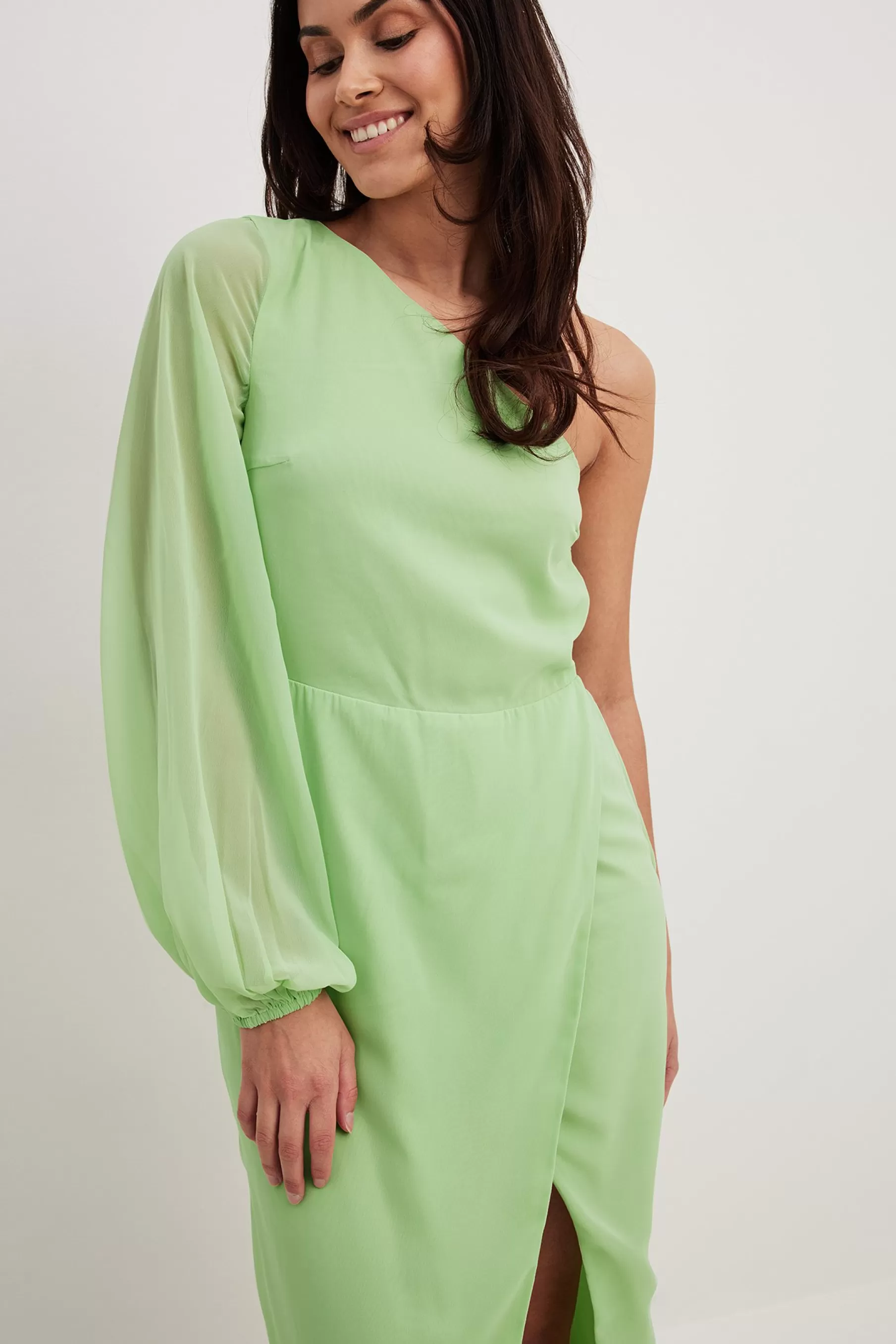 NA-KD One Shoulder Chiffon Maxi Dress Green