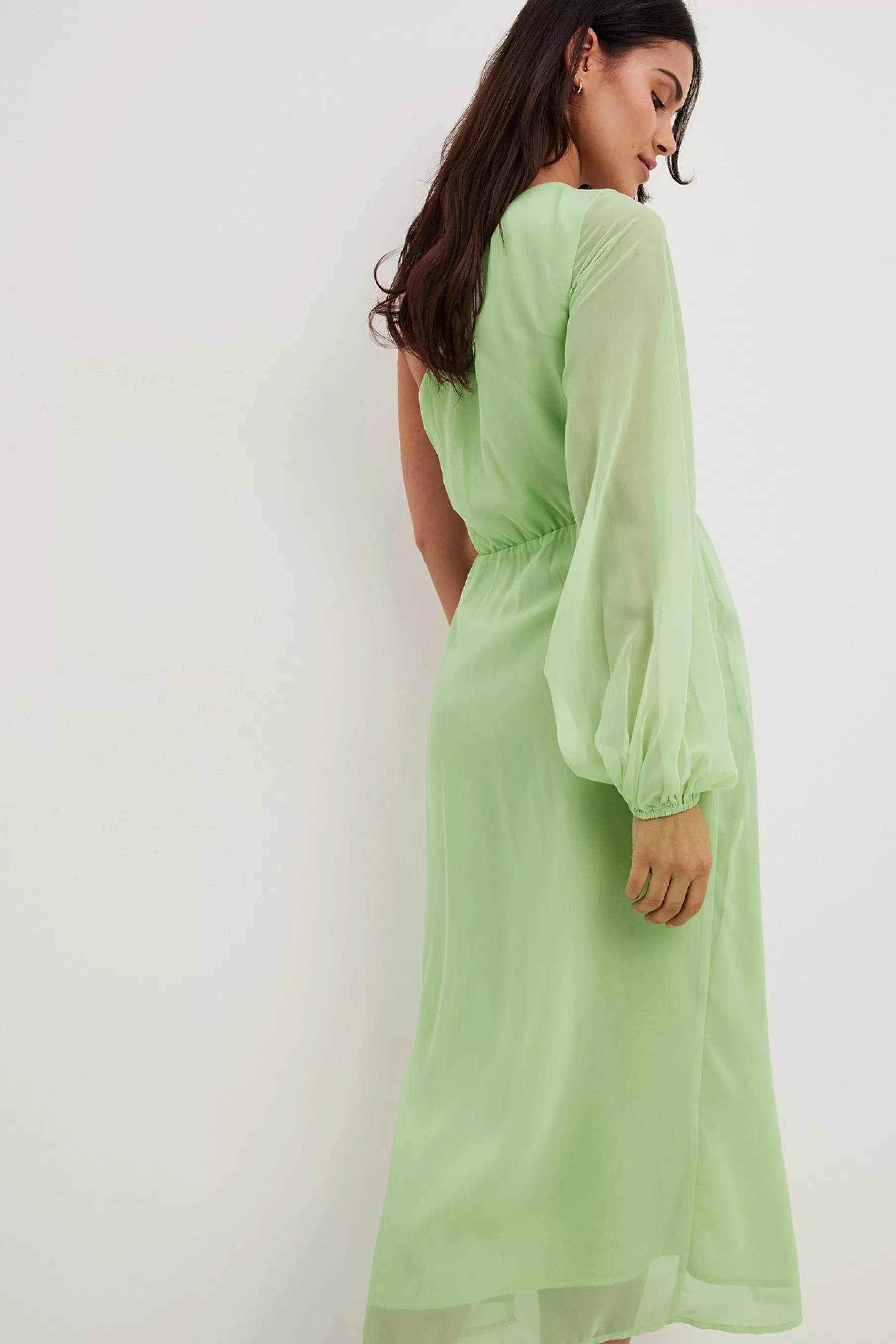 NA-KD One Shoulder Chiffon Maxi Dress Green