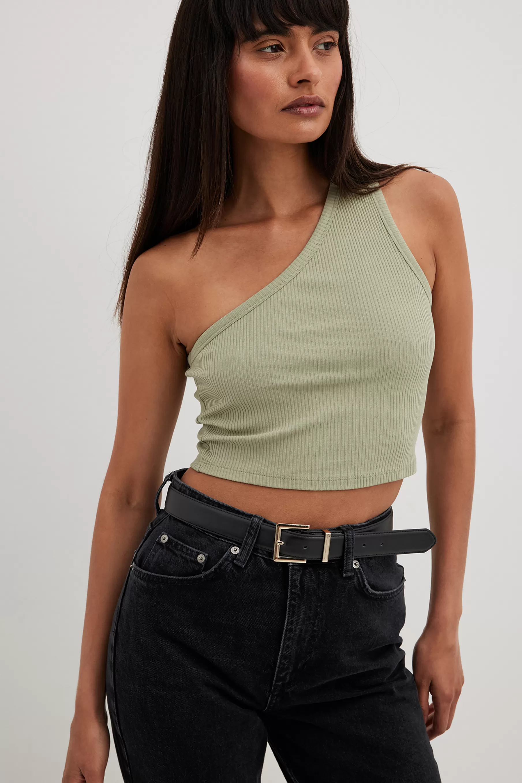 NA-KD One Shoulder Crop Rib Top Green