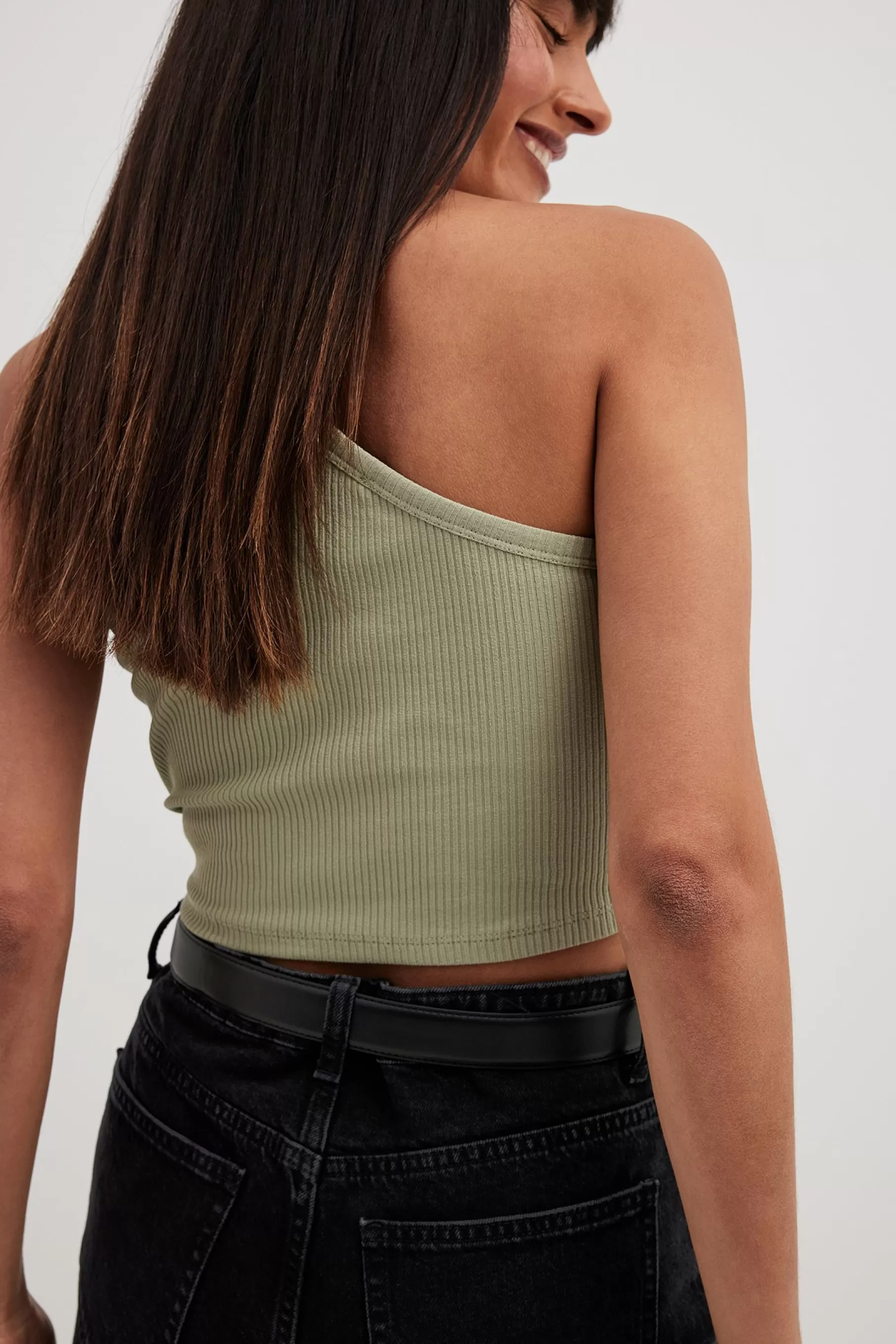 NA-KD One Shoulder Crop Rib Top Green