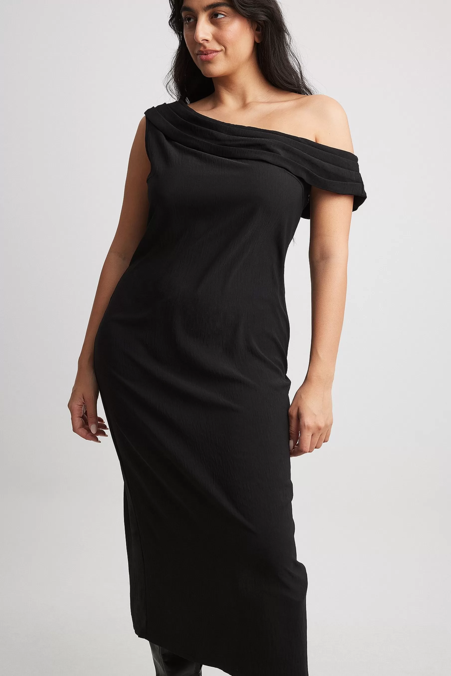 NA-KD One Shoulder Draped Midi Dress Black