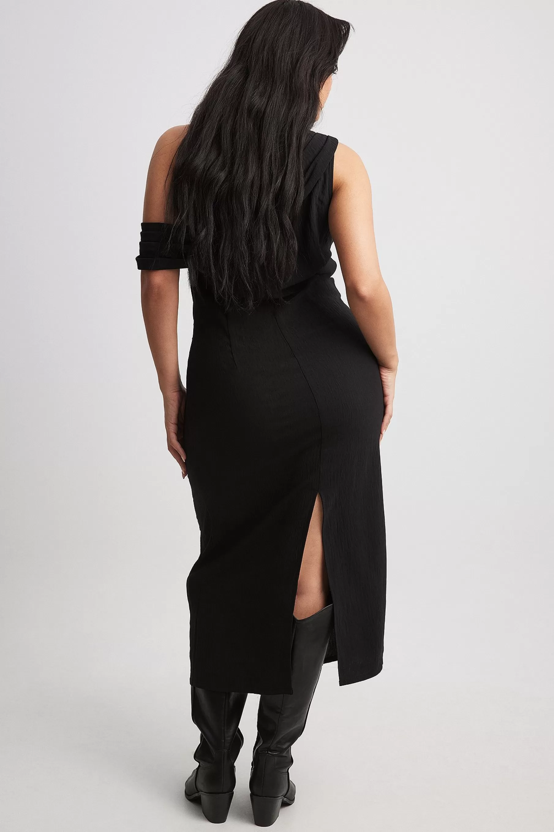 NA-KD One Shoulder Draped Midi Dress Black