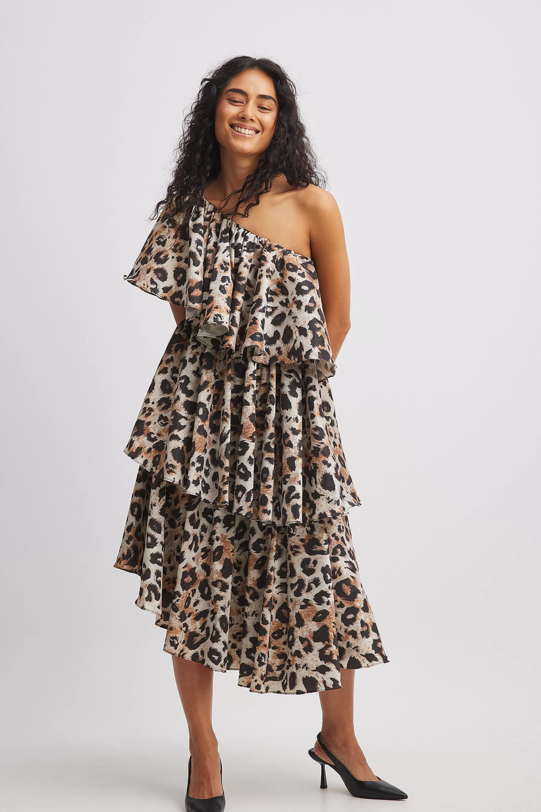 NA-KD One Shoulder Flounce Midi Dress Leopard