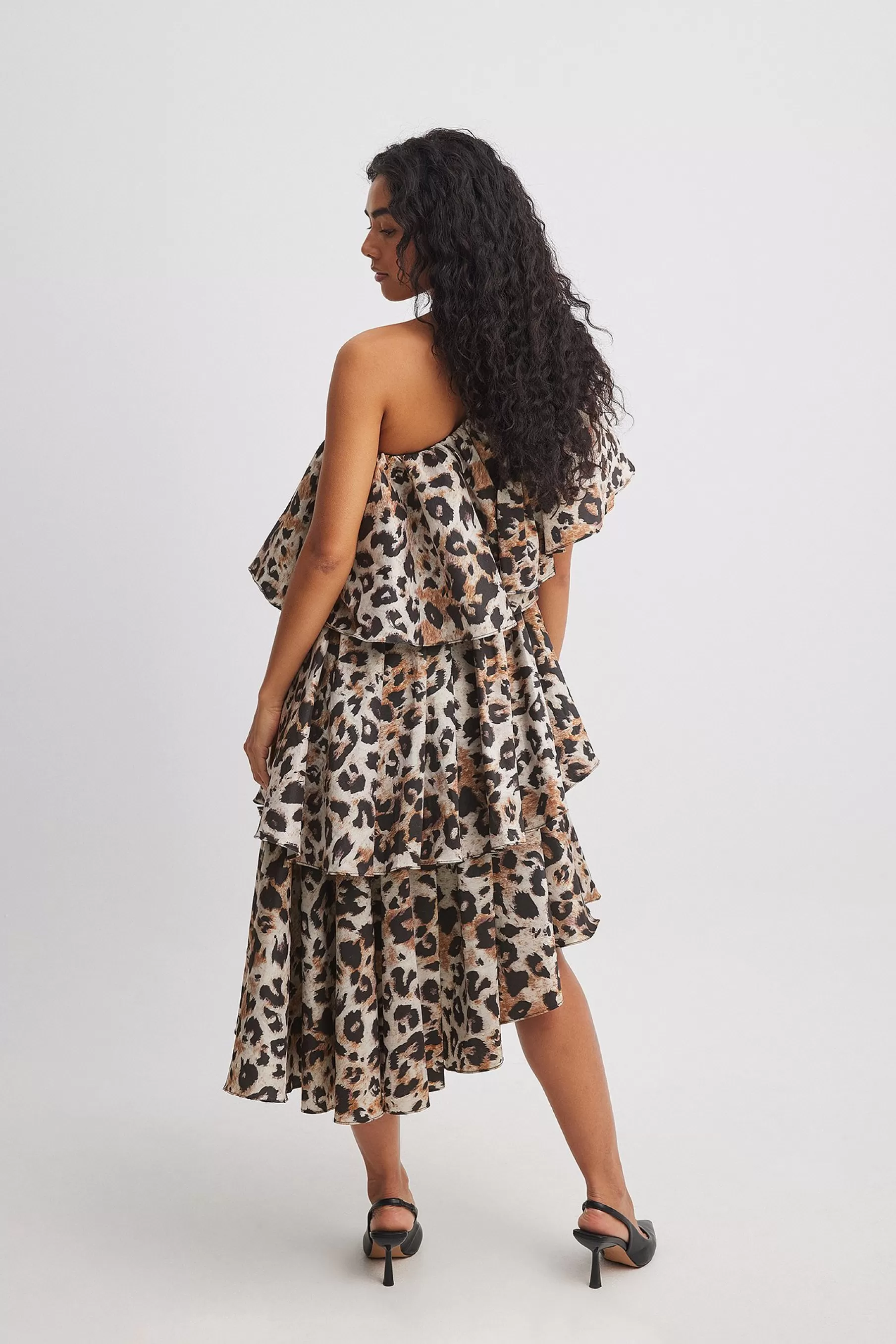 NA-KD One Shoulder Flounce Midi Dress Leopard