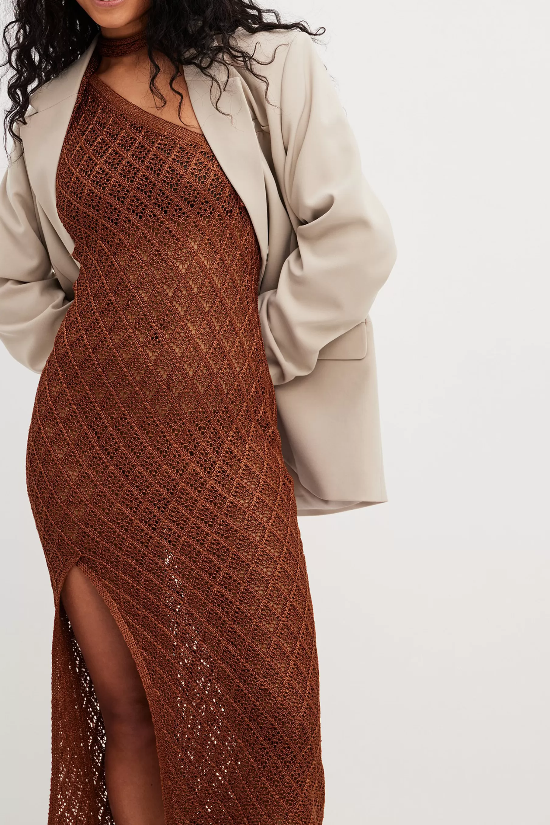 NA-KD One Shoulder Scarf Detail Knitted Maxi Dress Brown