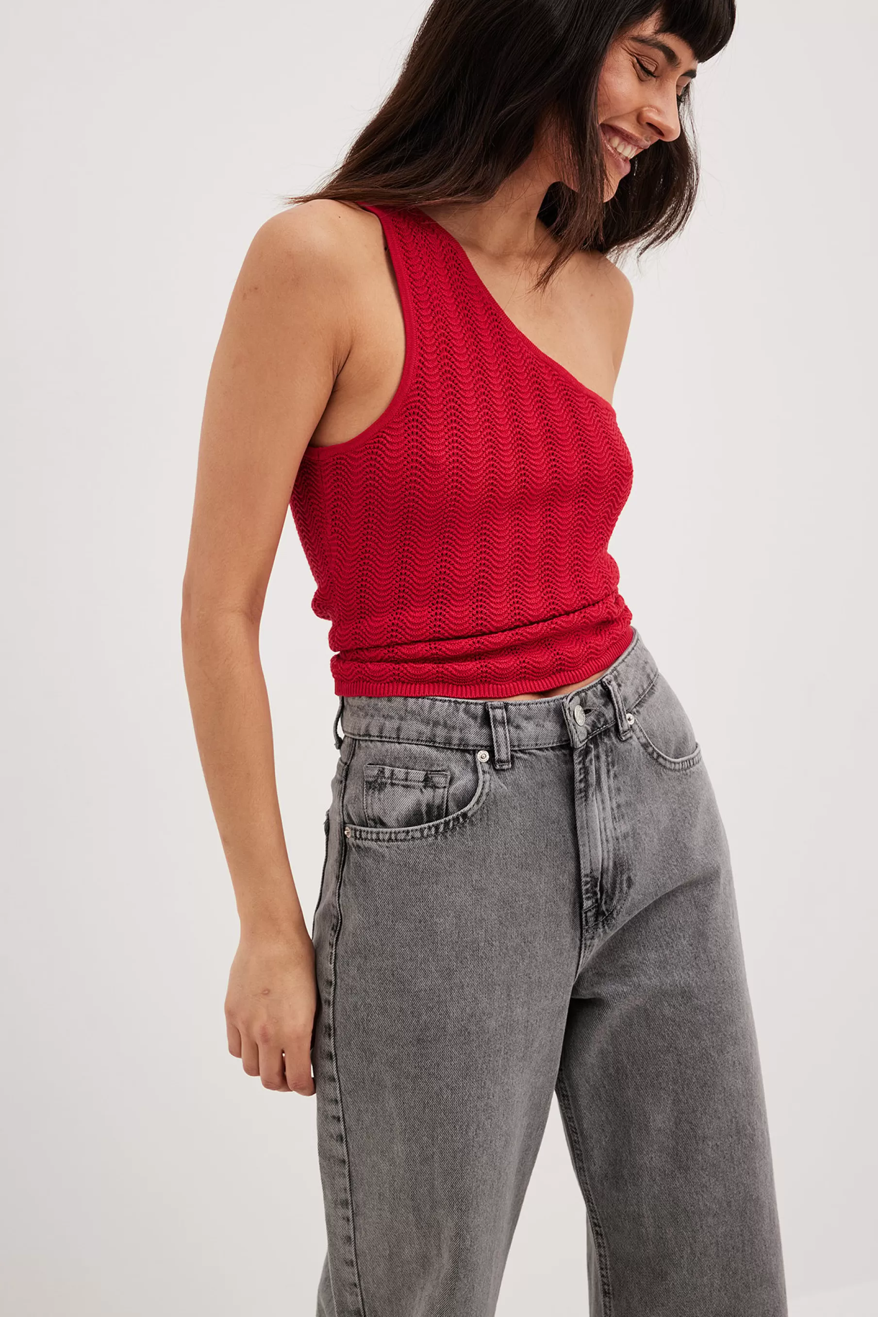 NA-KD One Shoulder Wavy Stripe Knitted Top Red