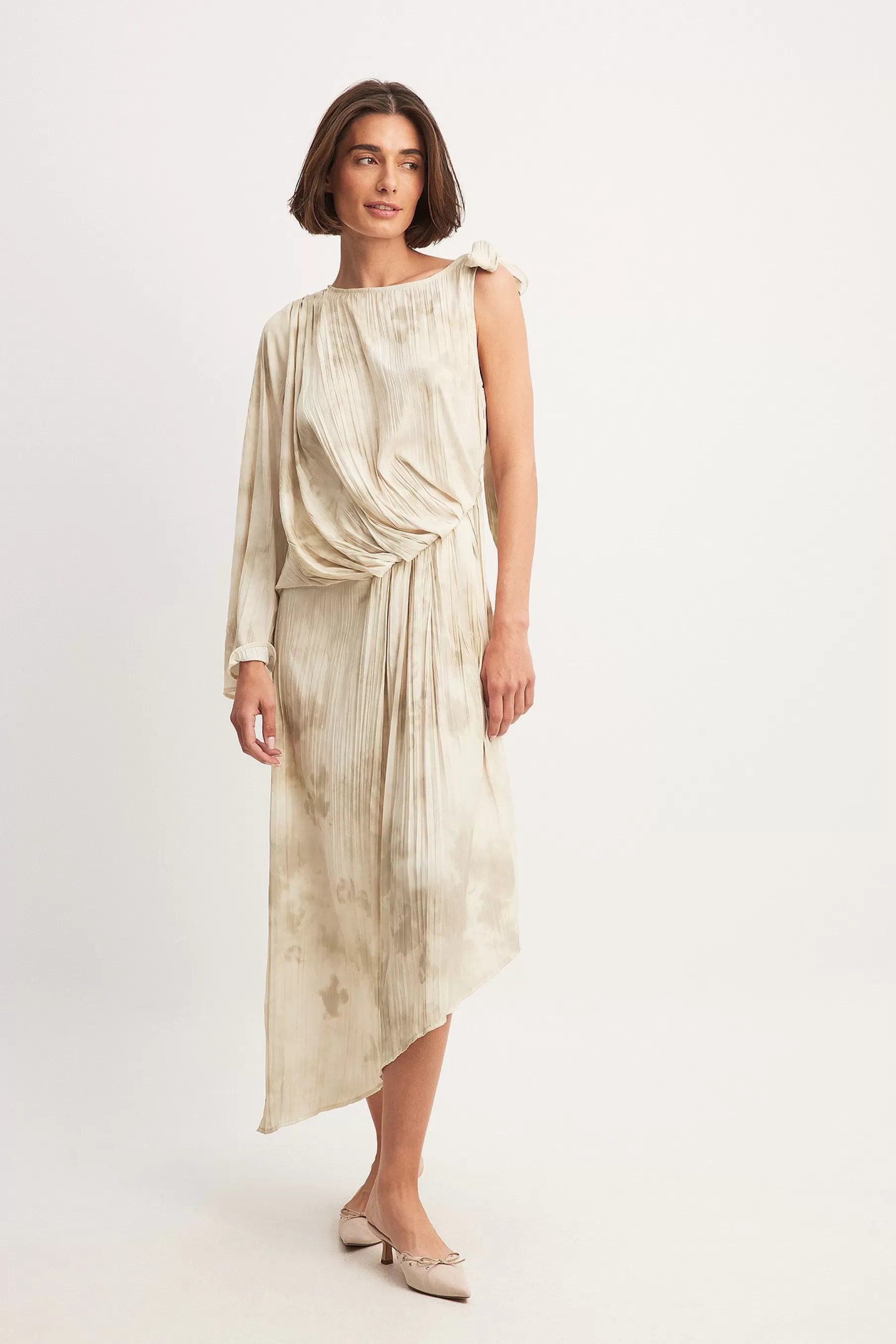 NA-KD One Sleeve Gathered Dress Beige