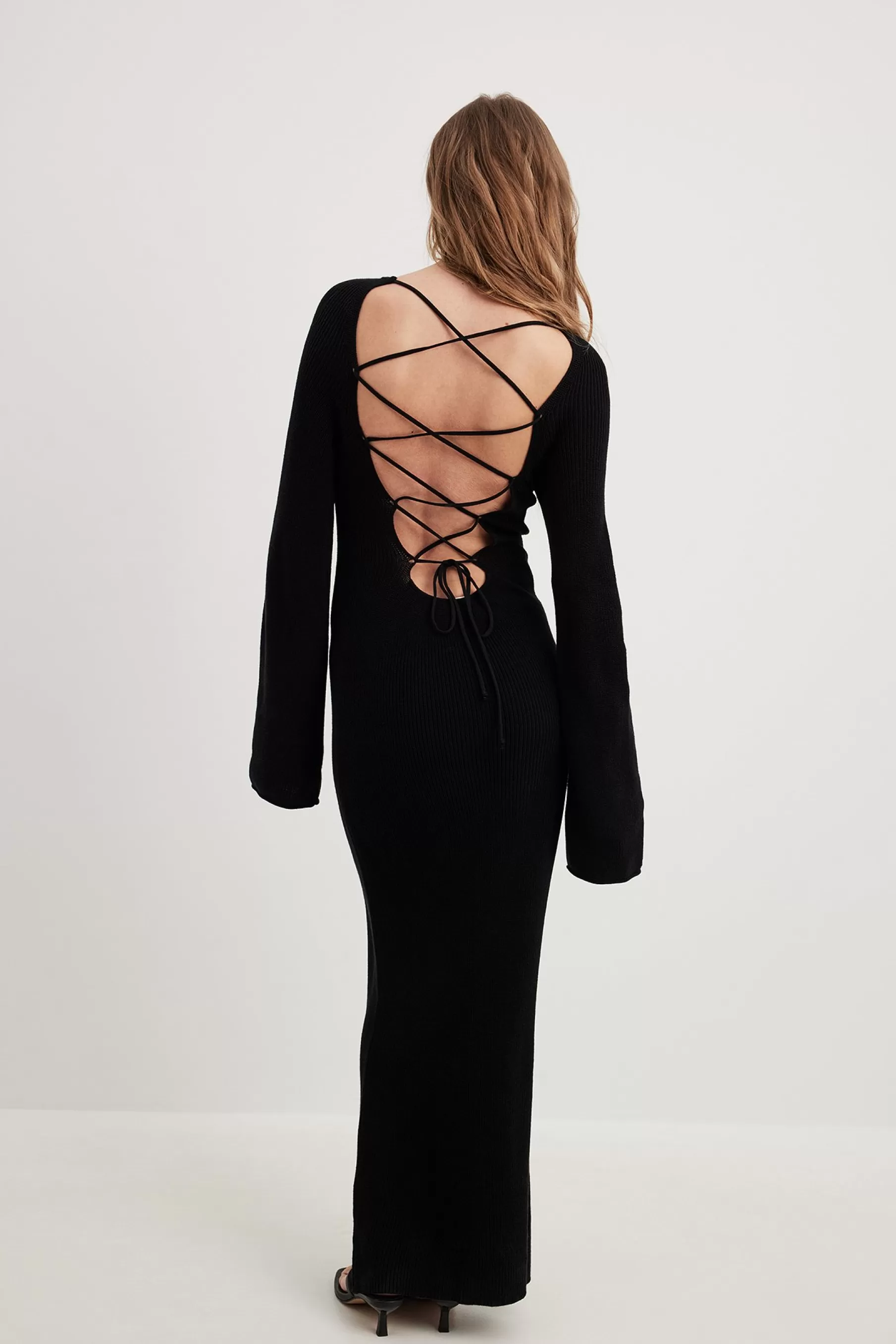 NA-KD Open Back Lace Detail Knitted Maxi Dress Black