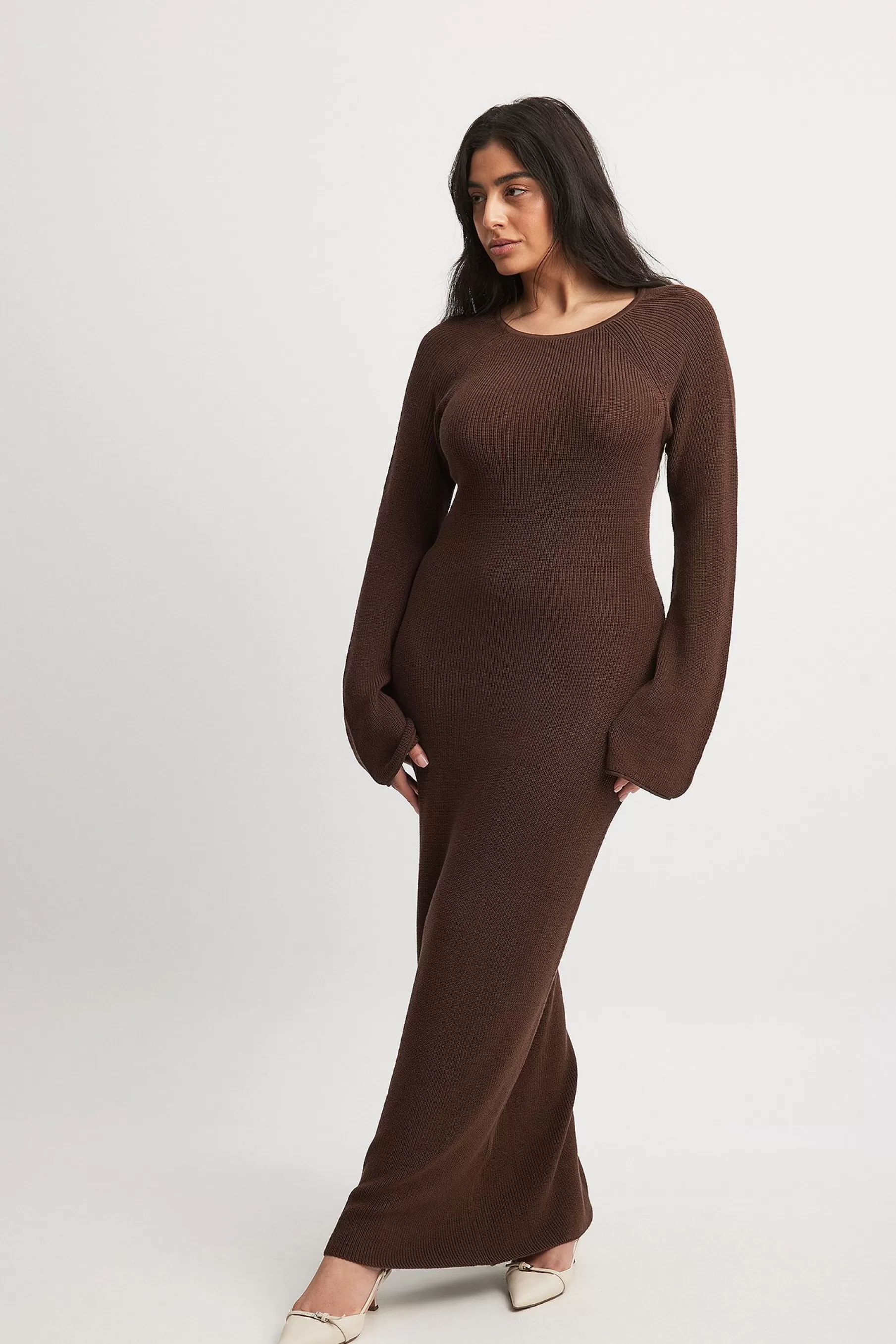 NA-KD Open Back Lace Detail Knitted Maxi Dress Brown