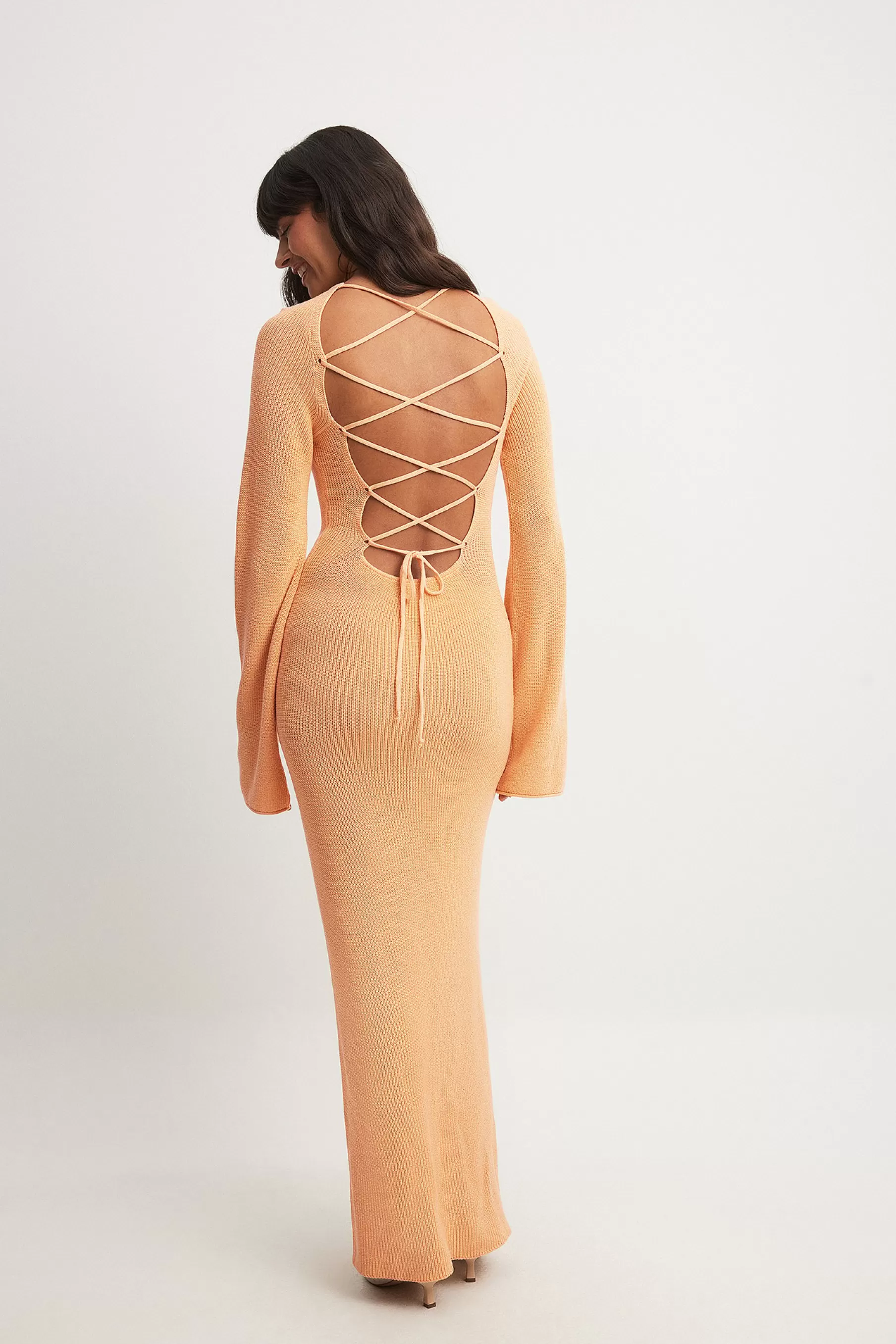 NA-KD Open Back Lace Detail Knitted Maxi Dress Orange