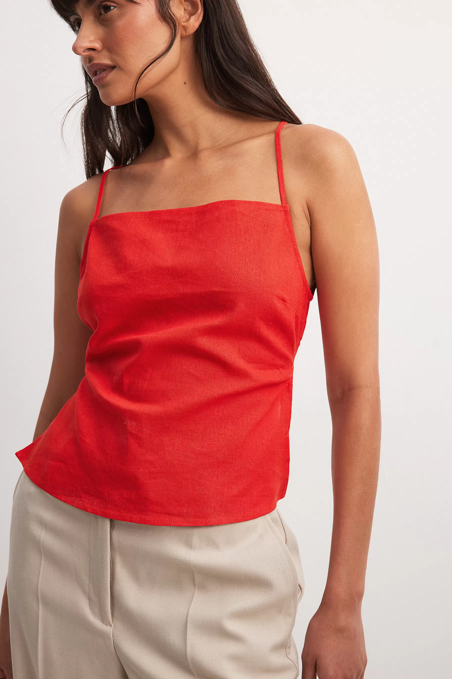 NA-KD Open Back Linen Blend Strap Top Red