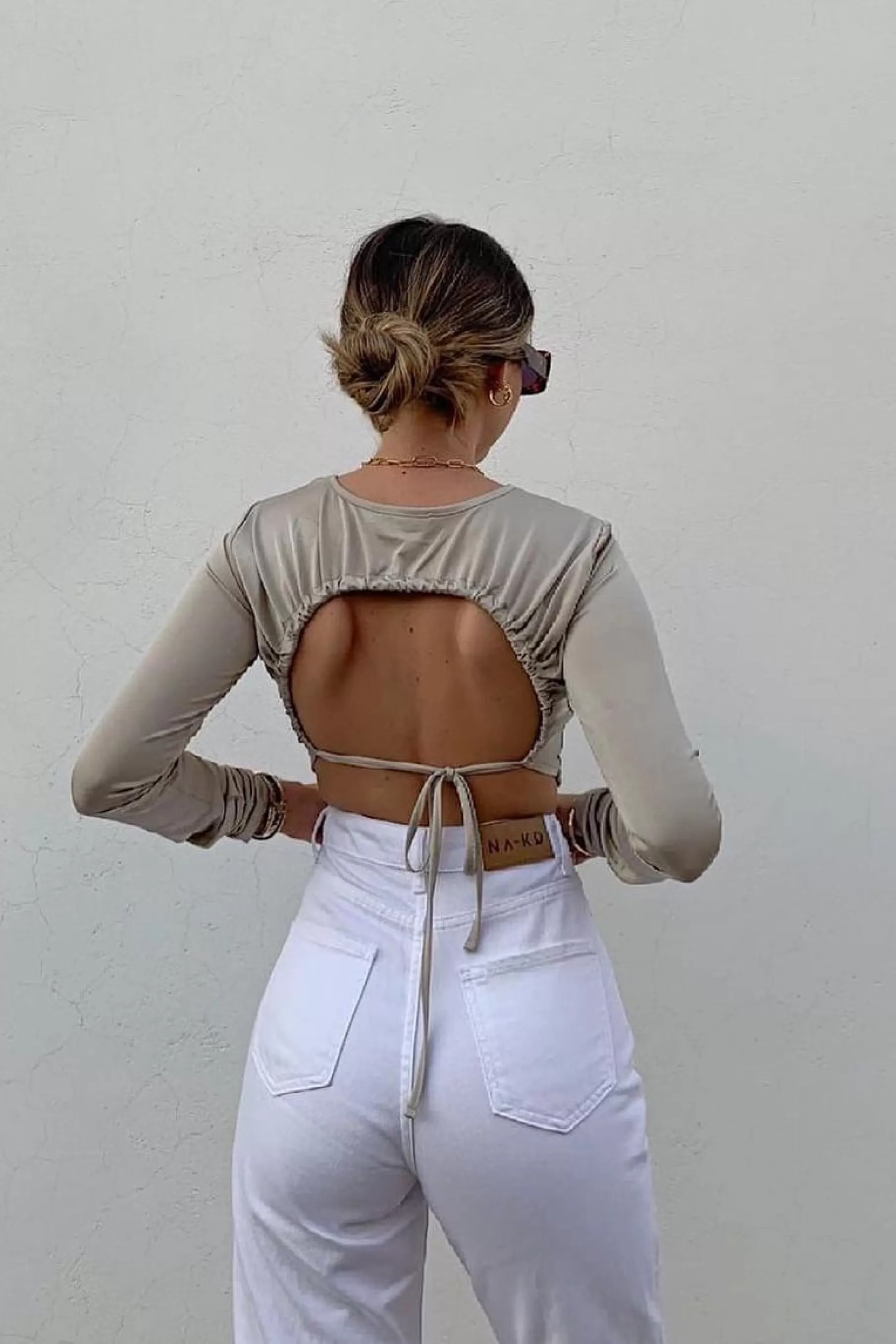 NA-KD Open Back Tie Top Beige