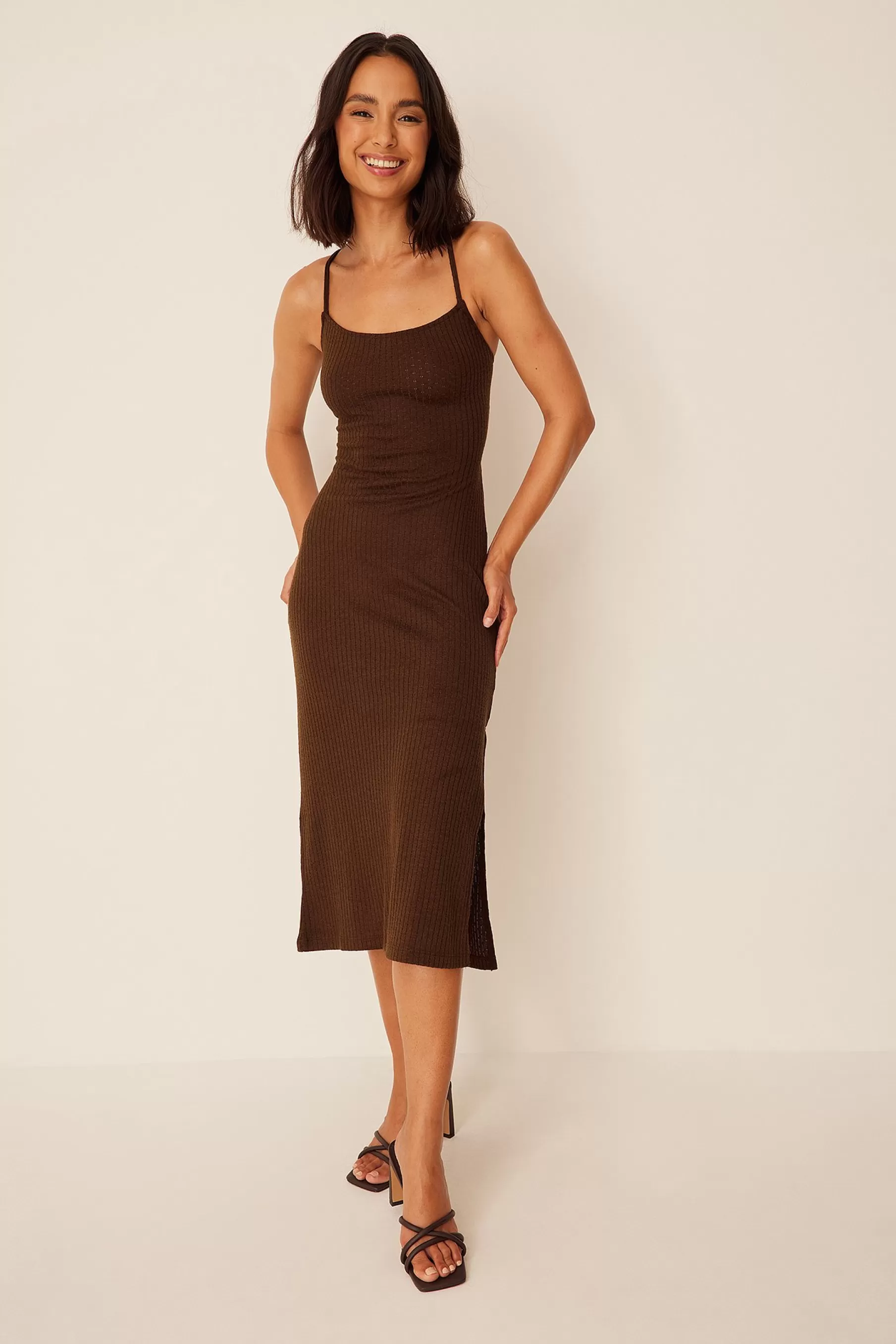 NA-KD Open Knit Maxi Dress Brown