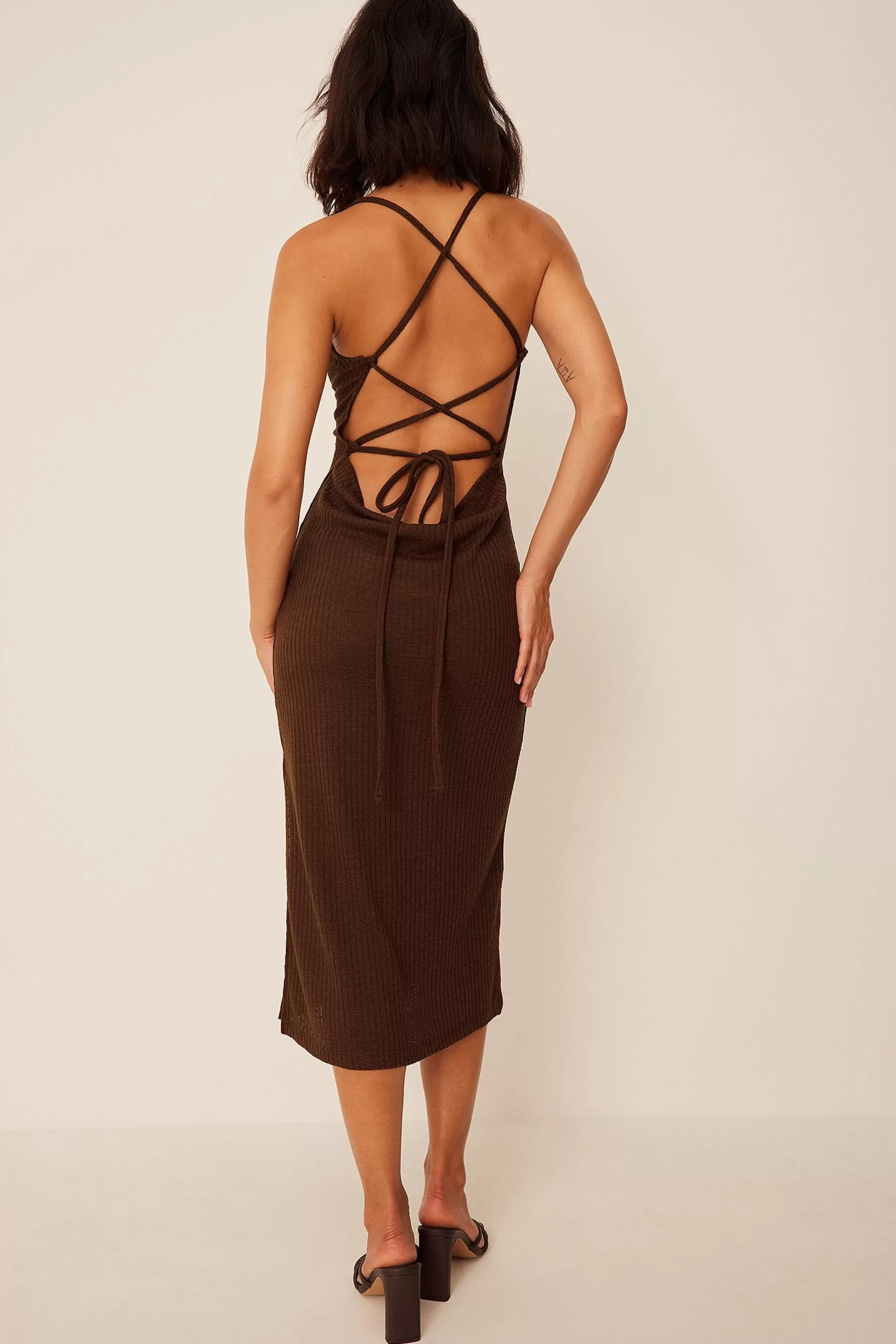 NA-KD Open Knit Maxi Dress Brown