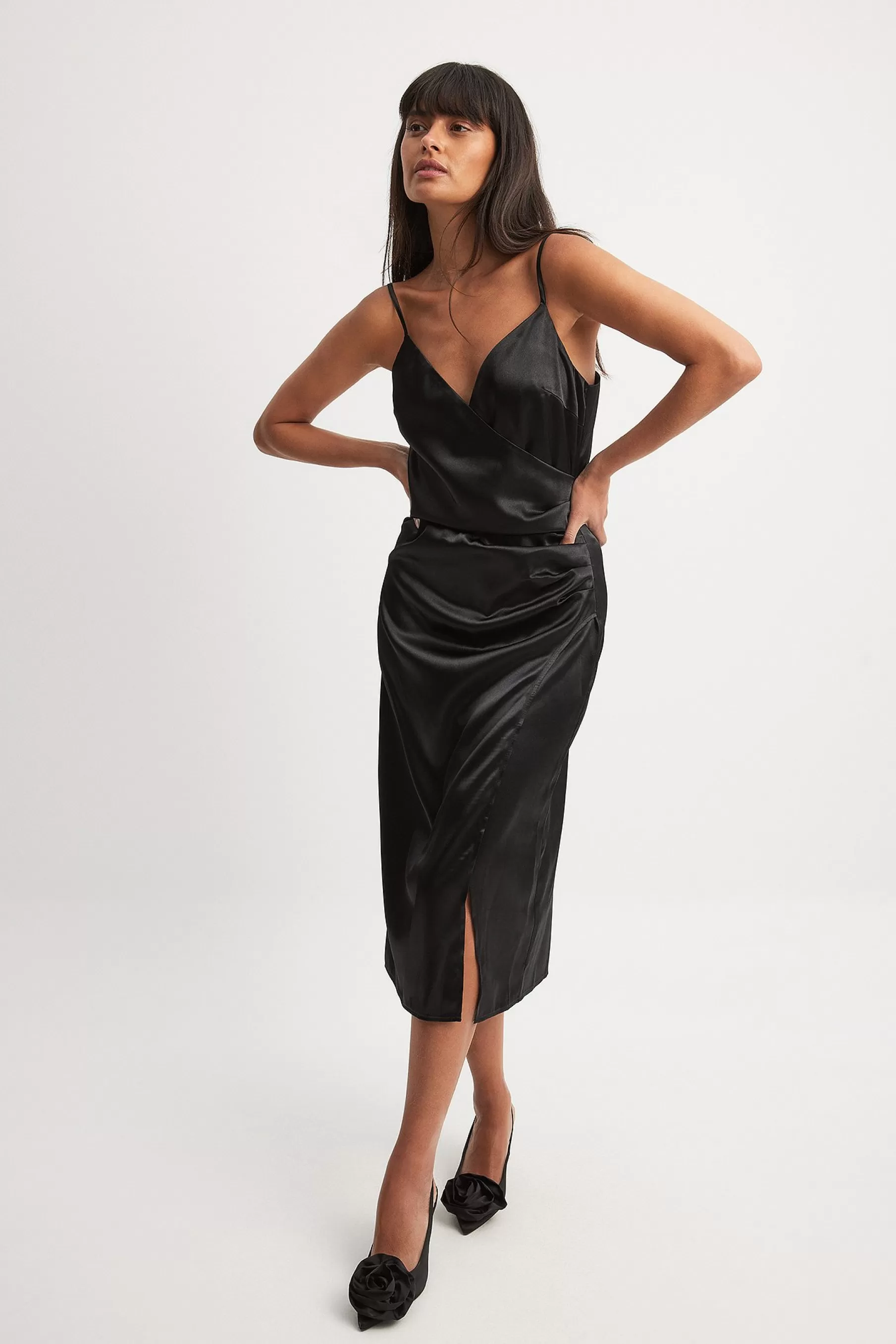 NA-KD Overlap Satin Slip Dress Black